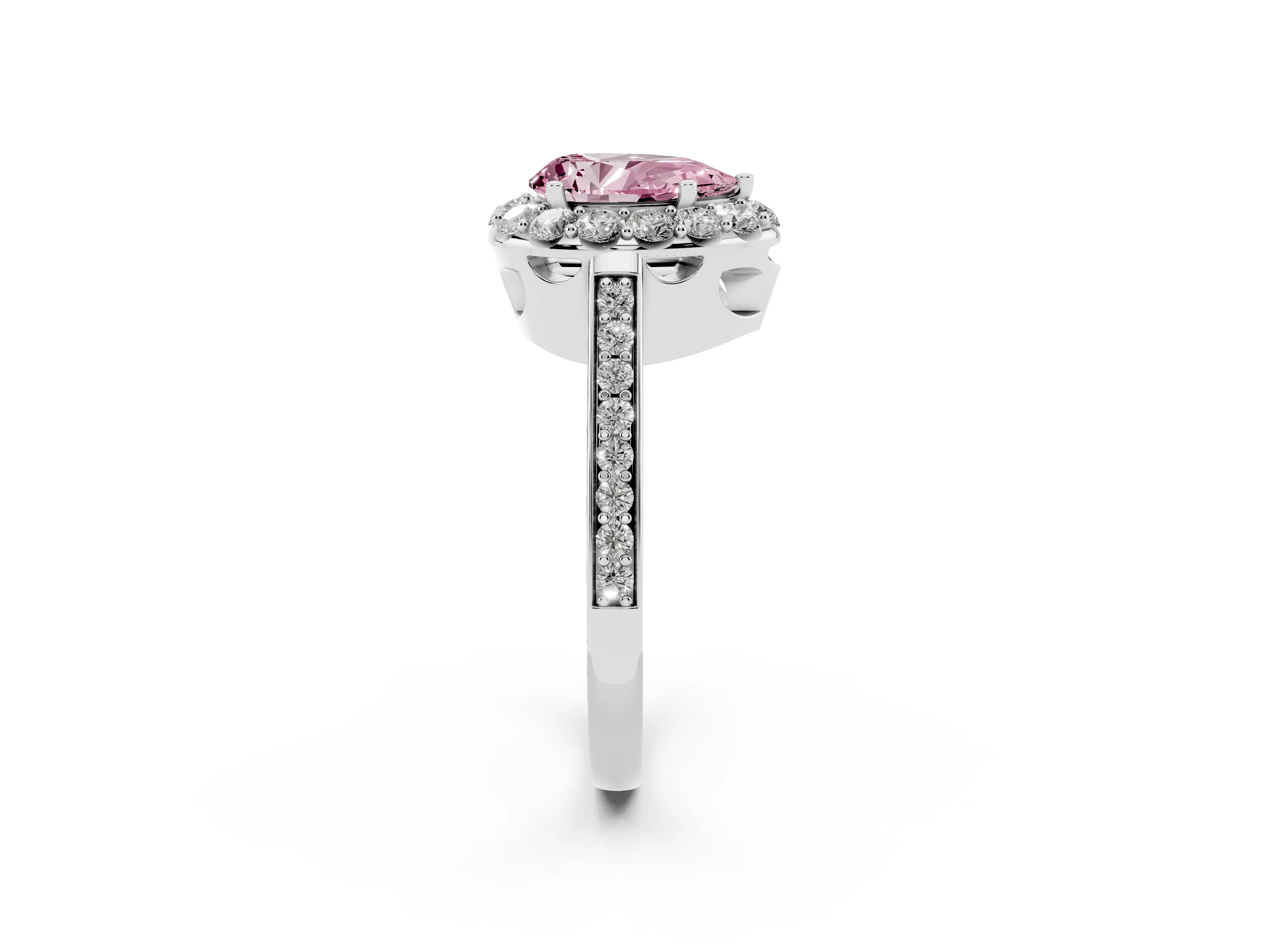 Fancy Pink Pear Cut Diamond Floral Halo Ring Set in Platinum with Pavé Band and Prong Setting