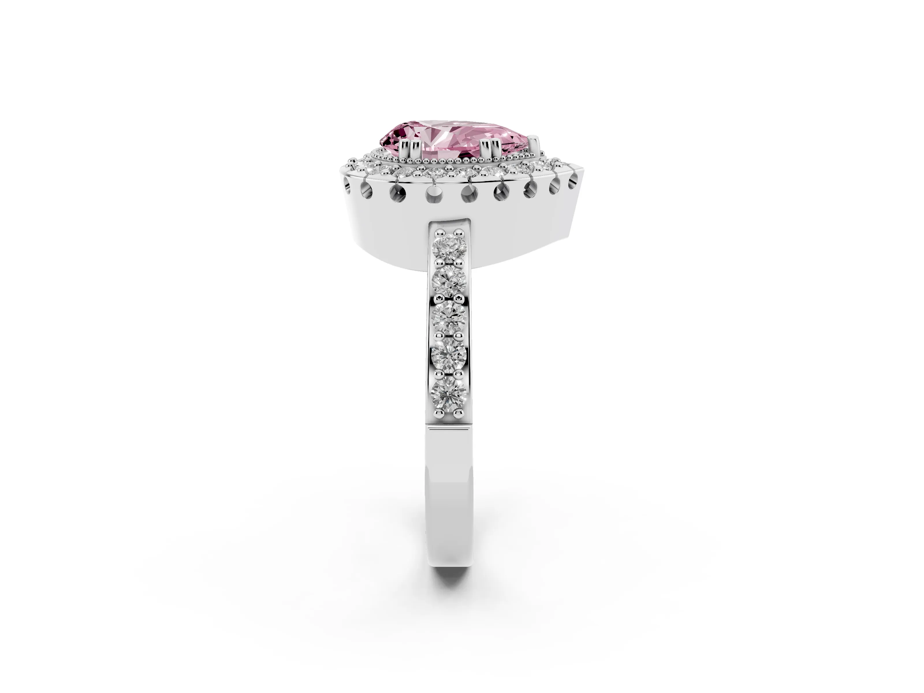 Fancy Pink Pear Cut Diamond Halo Ring Set in White gold with Pavé Shank and Prong Setting