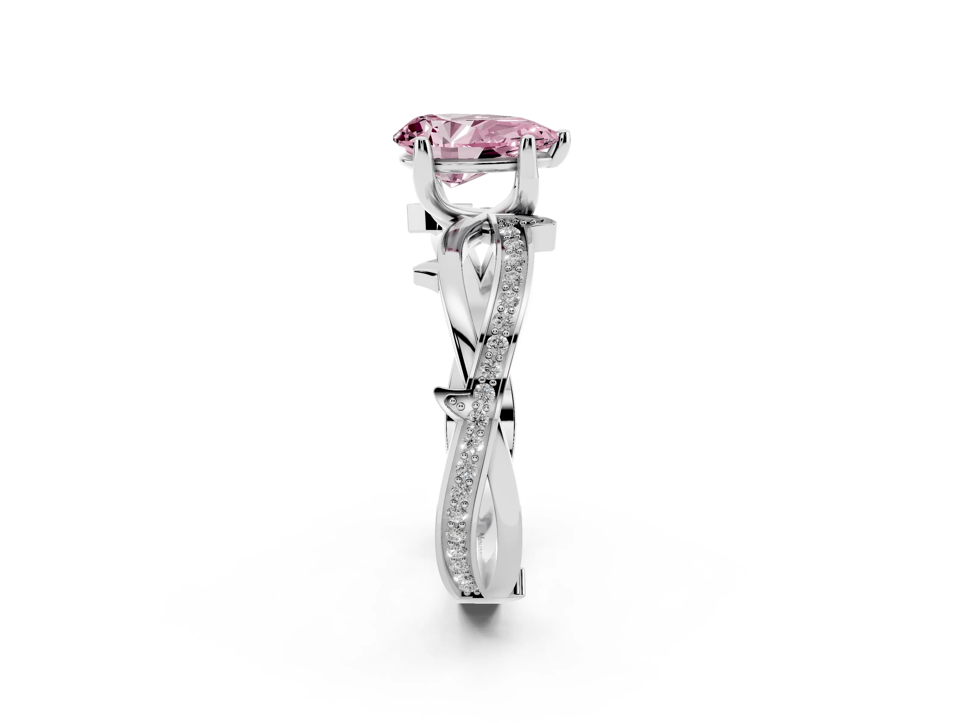 Fancy Pink Pear Cut Diamond Pavé Twist Band Solitaire Ring Set in Silver with Prong Setting