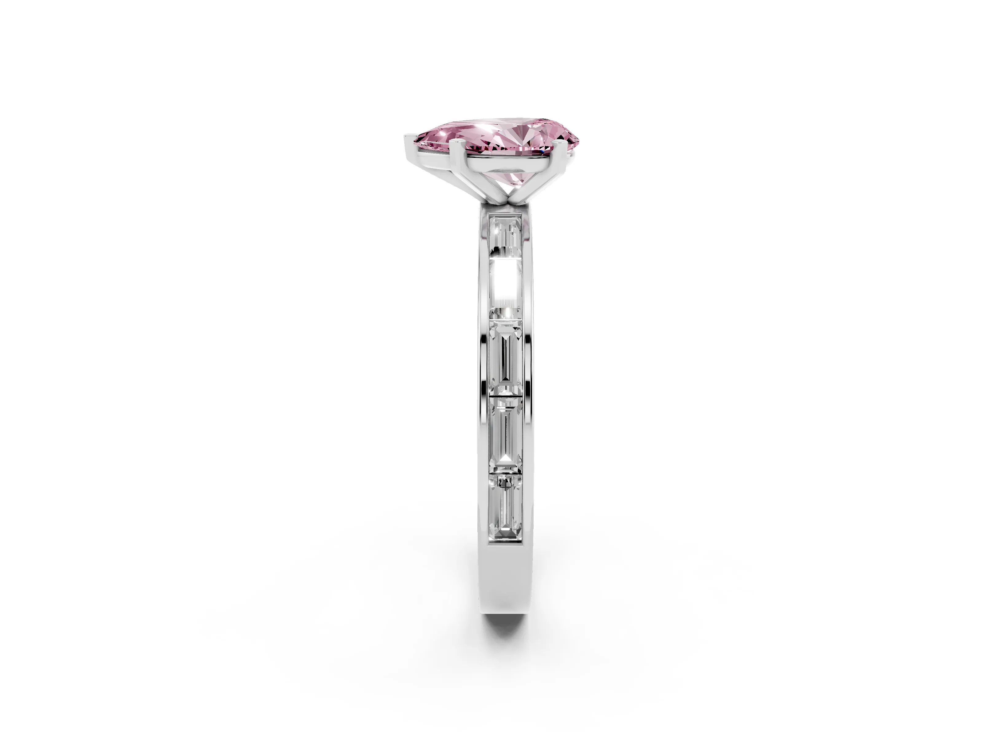 Fancy Pink Pear Cut Diamond Solitaire Ring Set in Silver with Channel-Set Baguette Band and Prong Setting