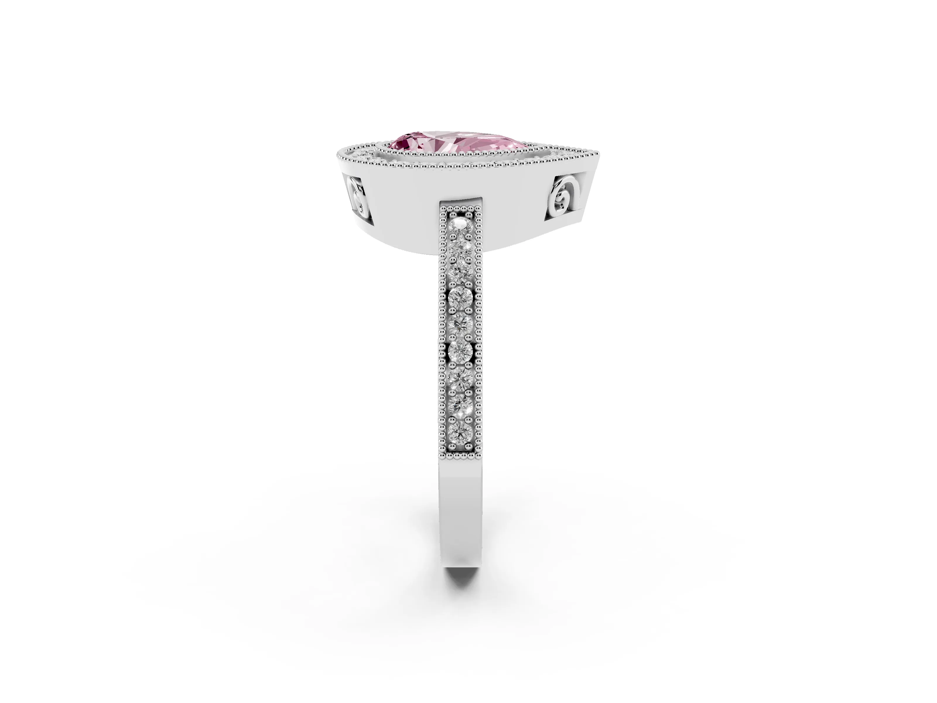Fancy Pink Pear Cut Diamond Round Halo Ring Set in White gold with Pavé Band