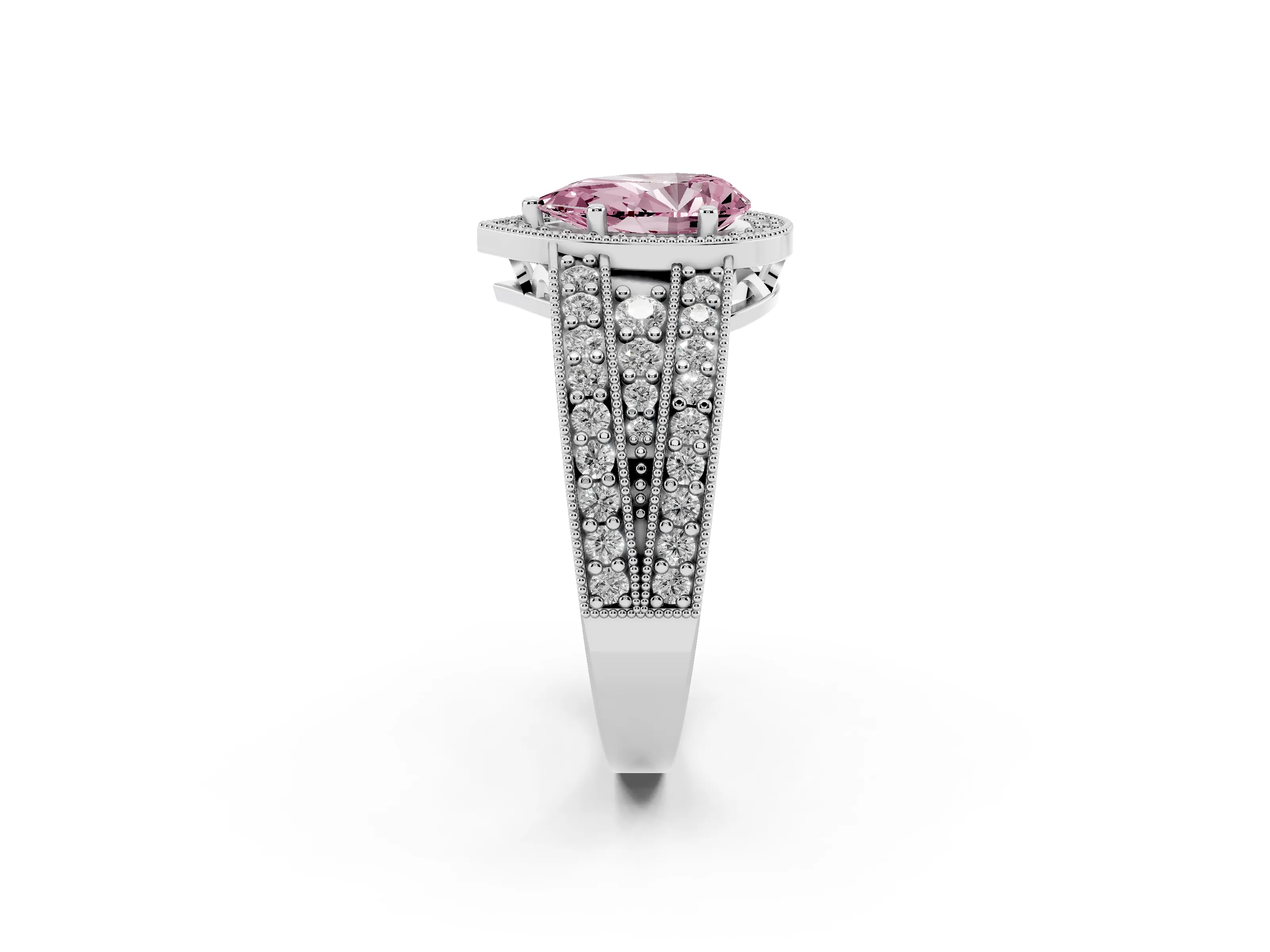 Fancy Pink Pear Cut Diamond Halo Ring Set in Platinum with Accent Split Shank and Prong Setting