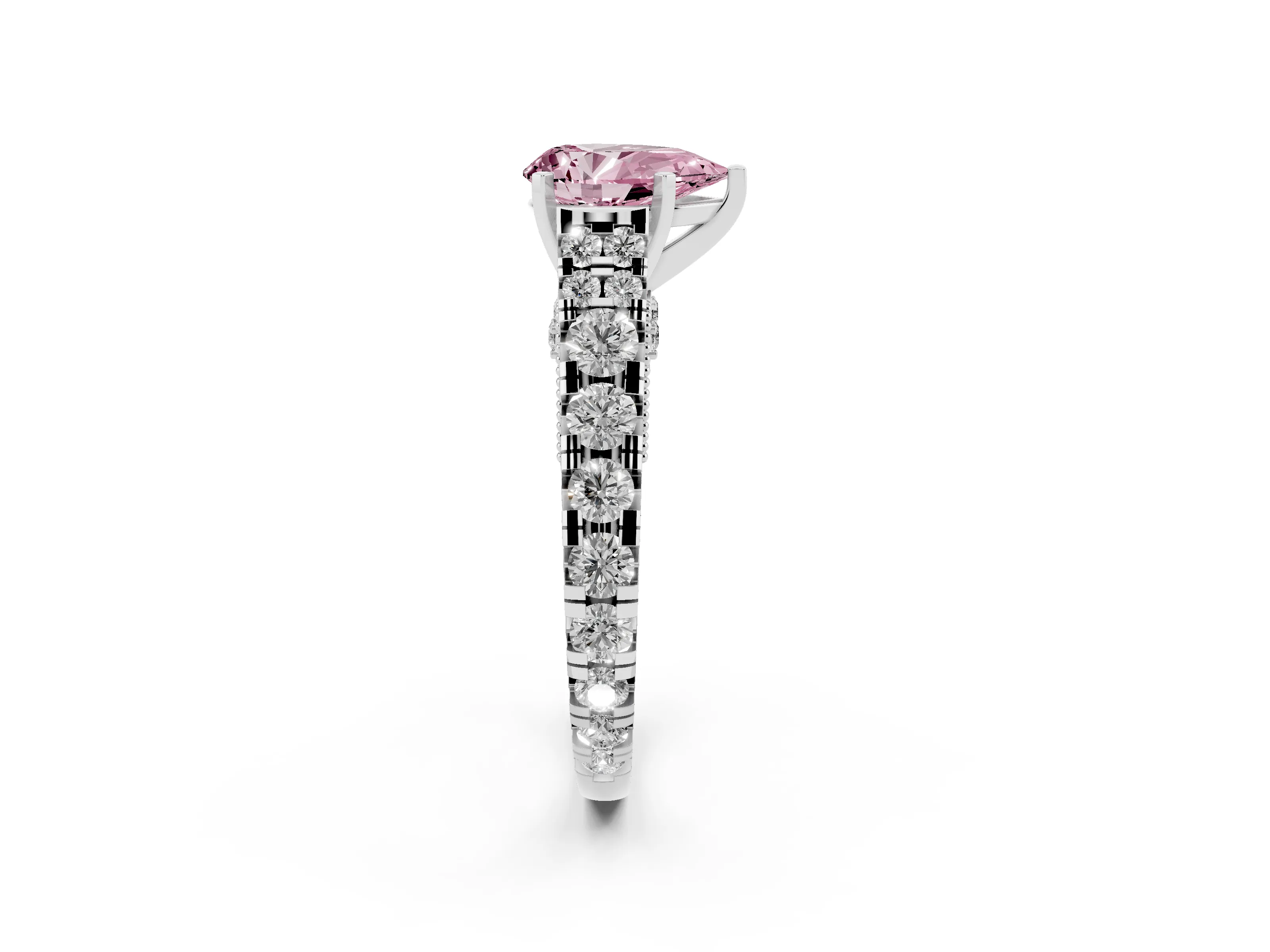 Fancy Pink Pear Cut Diamond Classic Solitaire Ring Set in Platinum with Pavé Band and Prong Setting