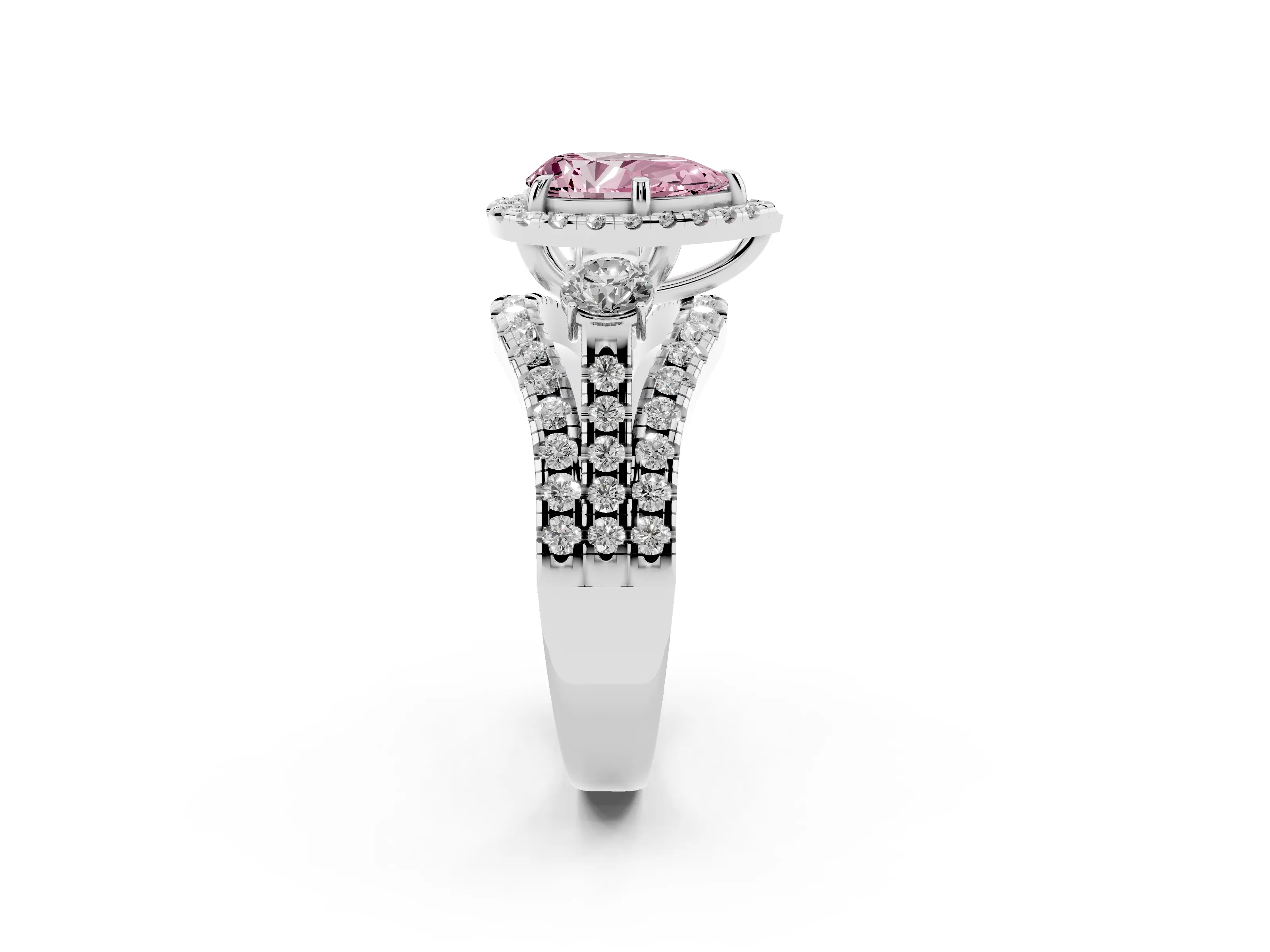Fancy Pink Pear Cut Diamond Halo Split Shank Ring Set in White gold with Round Accent Stones and Prong Setting