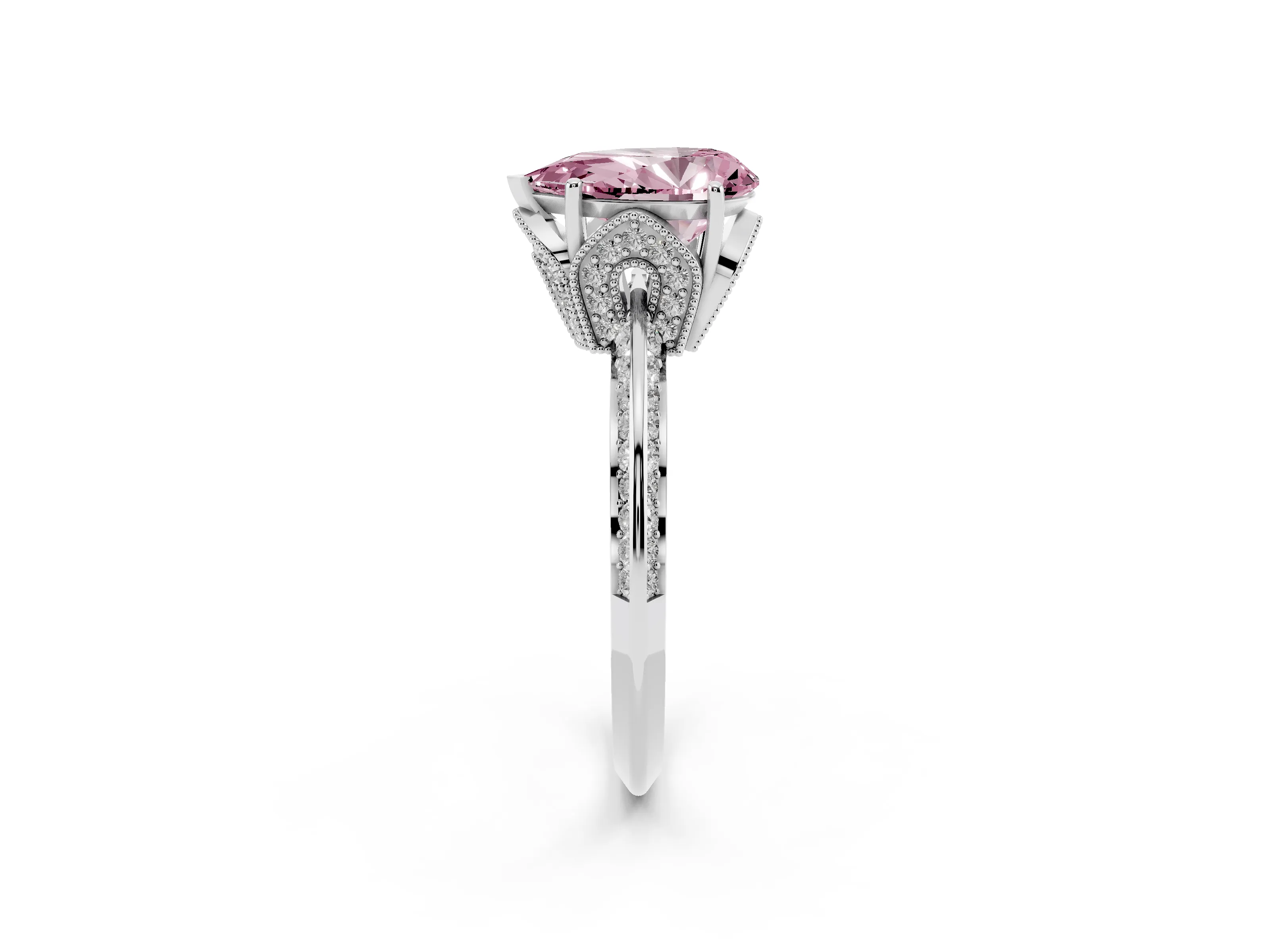 Fancy Pink Pear Cut Diamond Solitaire Engagement Ring Set in Platinum with Pavé Split Shank and Prong Setting