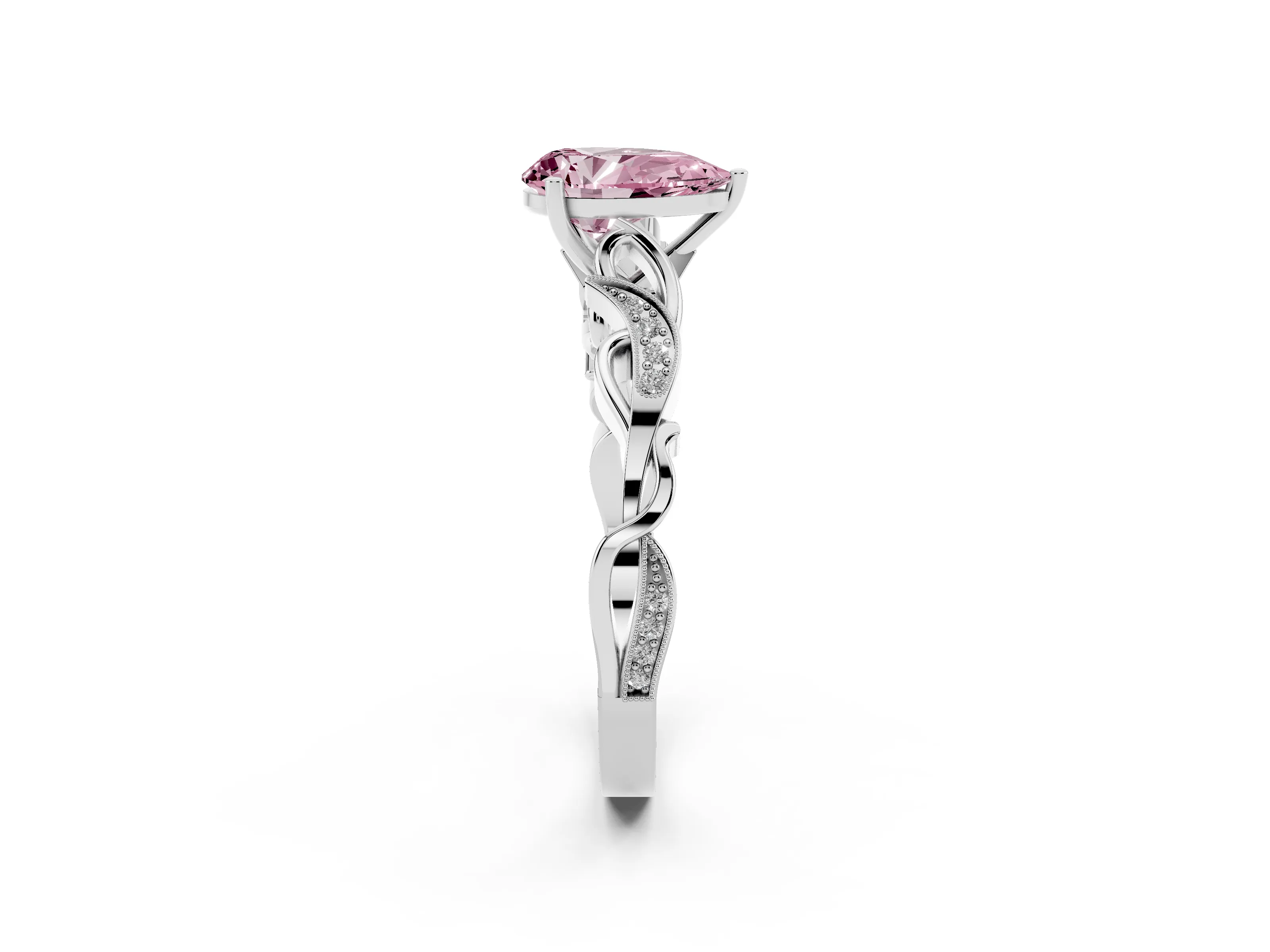 Fancy Pink Pear Cut Diamond Vine Band Solitaire Ring Set in White gold with Milgrain Prong Setting