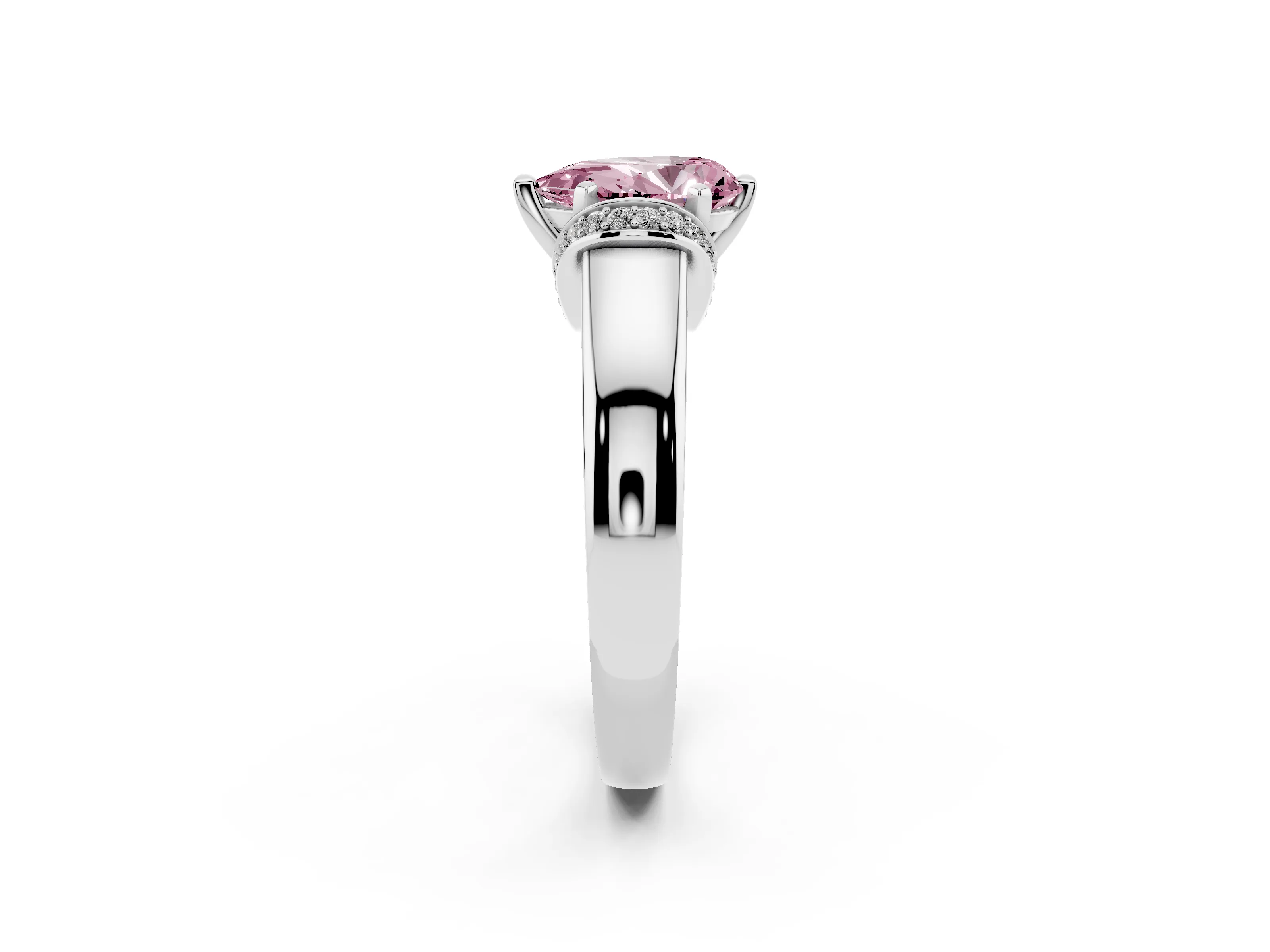 Fancy Pink Pear Cut Diamond Pavé Band Solitaire Ring Set in Silver with Prong Setting