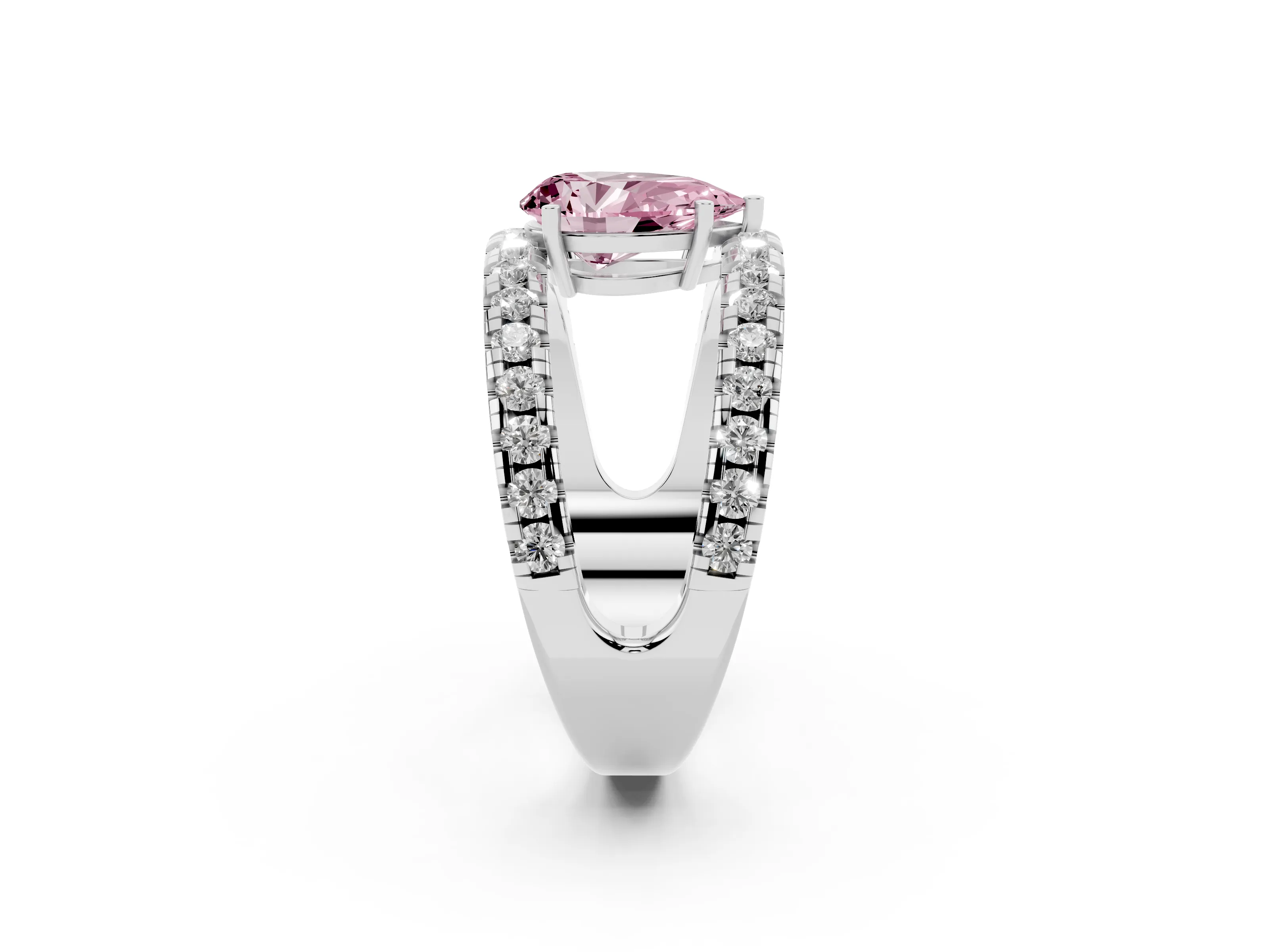 Fancy Pink Pear Cut Diamond Split Shank Pavé Solitaire Ring Set in Platinum with Open Shank Design