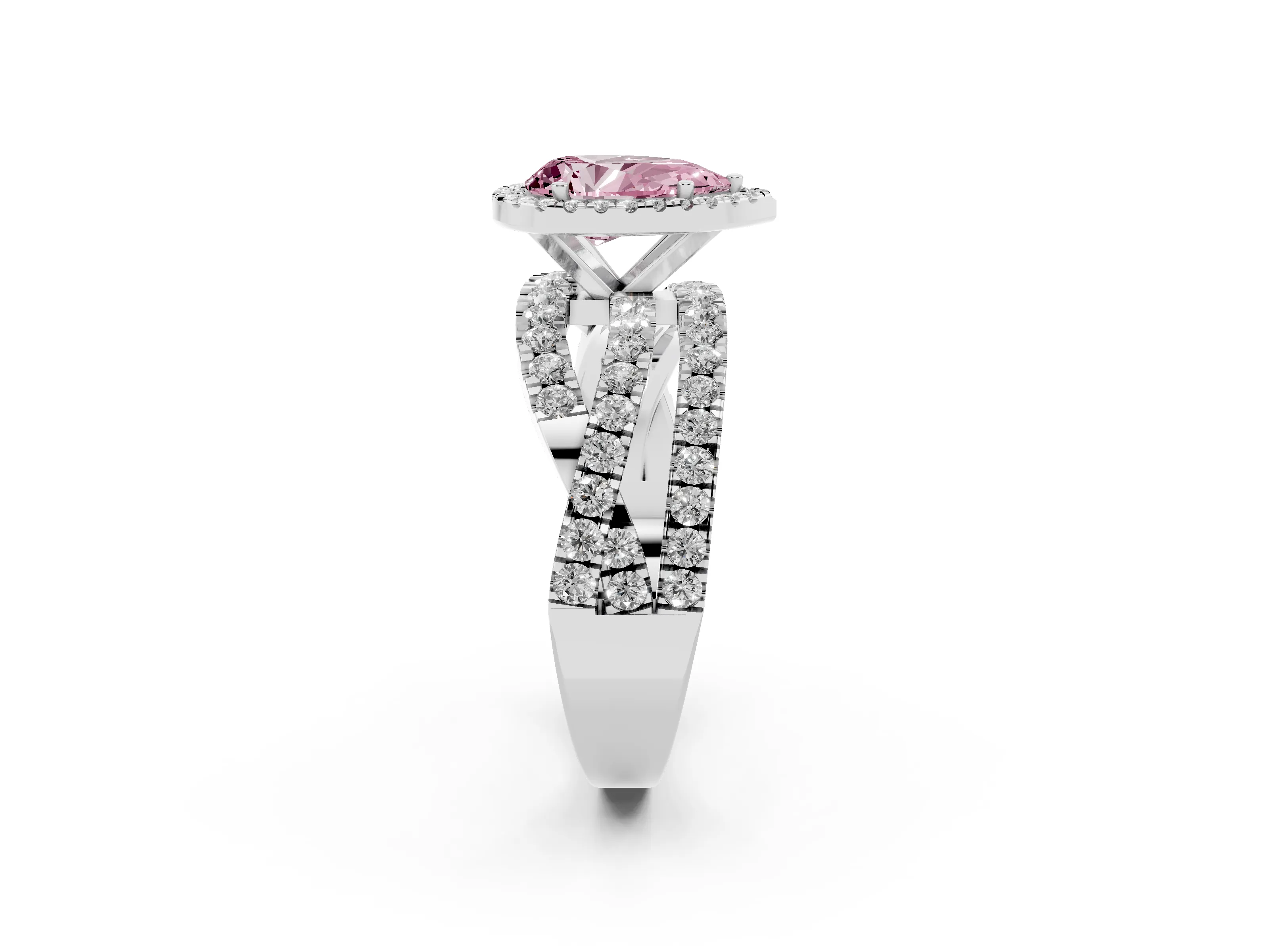 Fancy Pink Pear Cut Diamond Halo Ring Set in Platinum with Round Crossover Split Shank and Prong Setting