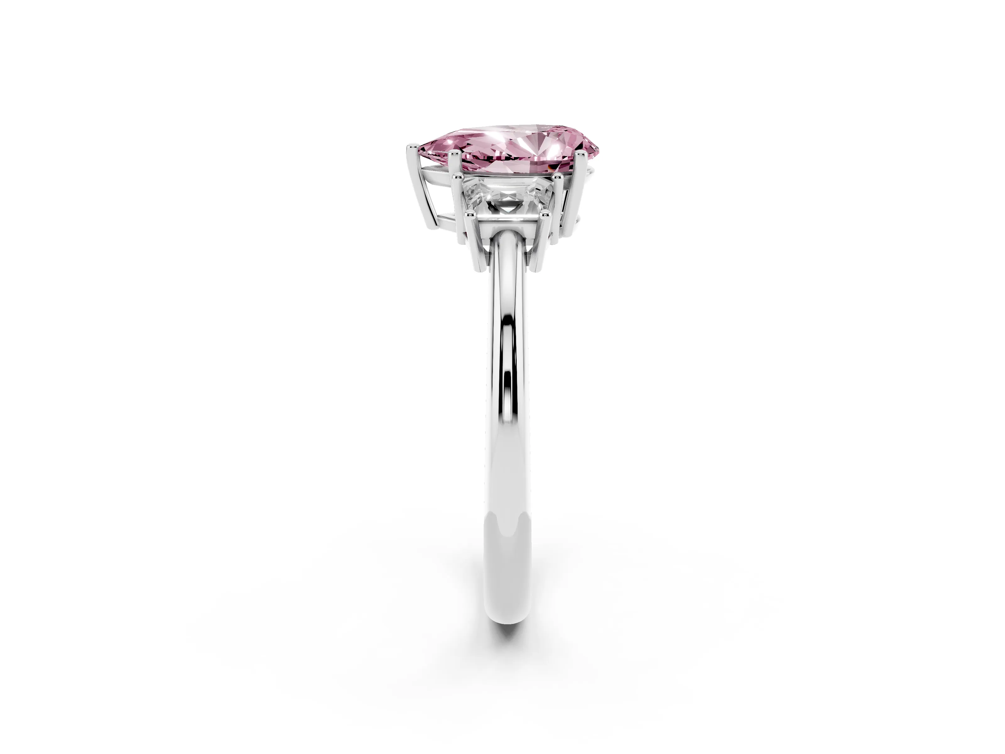 Fancy Pink Pear Cut Diamond Three-Stone Ring Set in White gold with Trapezoid Side Stones and Prong Setting