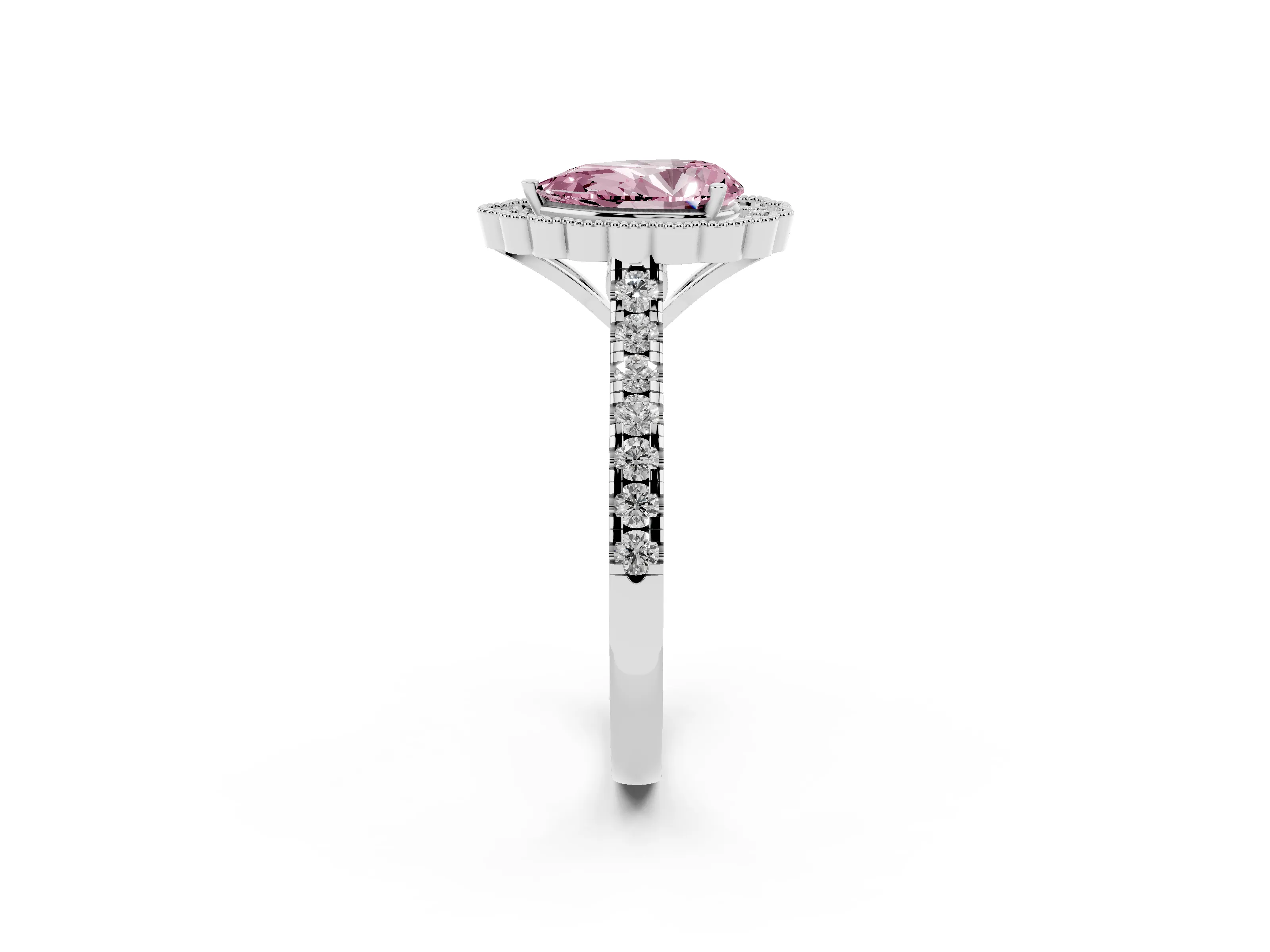 Fancy Pink Pear Cut Diamond Milgrain Floral Halo Engagement Ring Set in White gold with Pavé Band