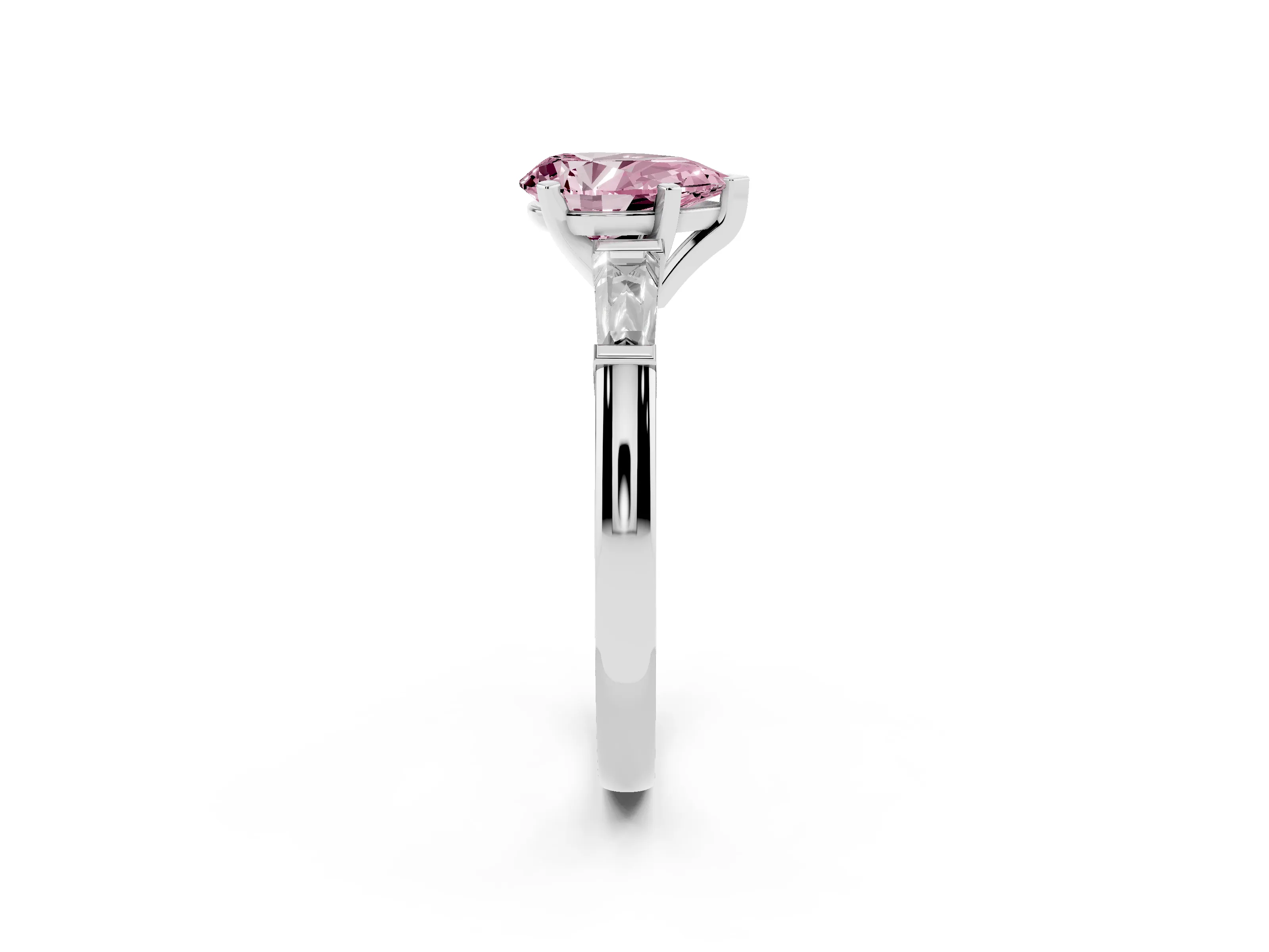 Fancy Pink Pear Cut Diamond Solitaire Ring Set in Platinum with Tapered Baguette Side Stones and Prong Setting