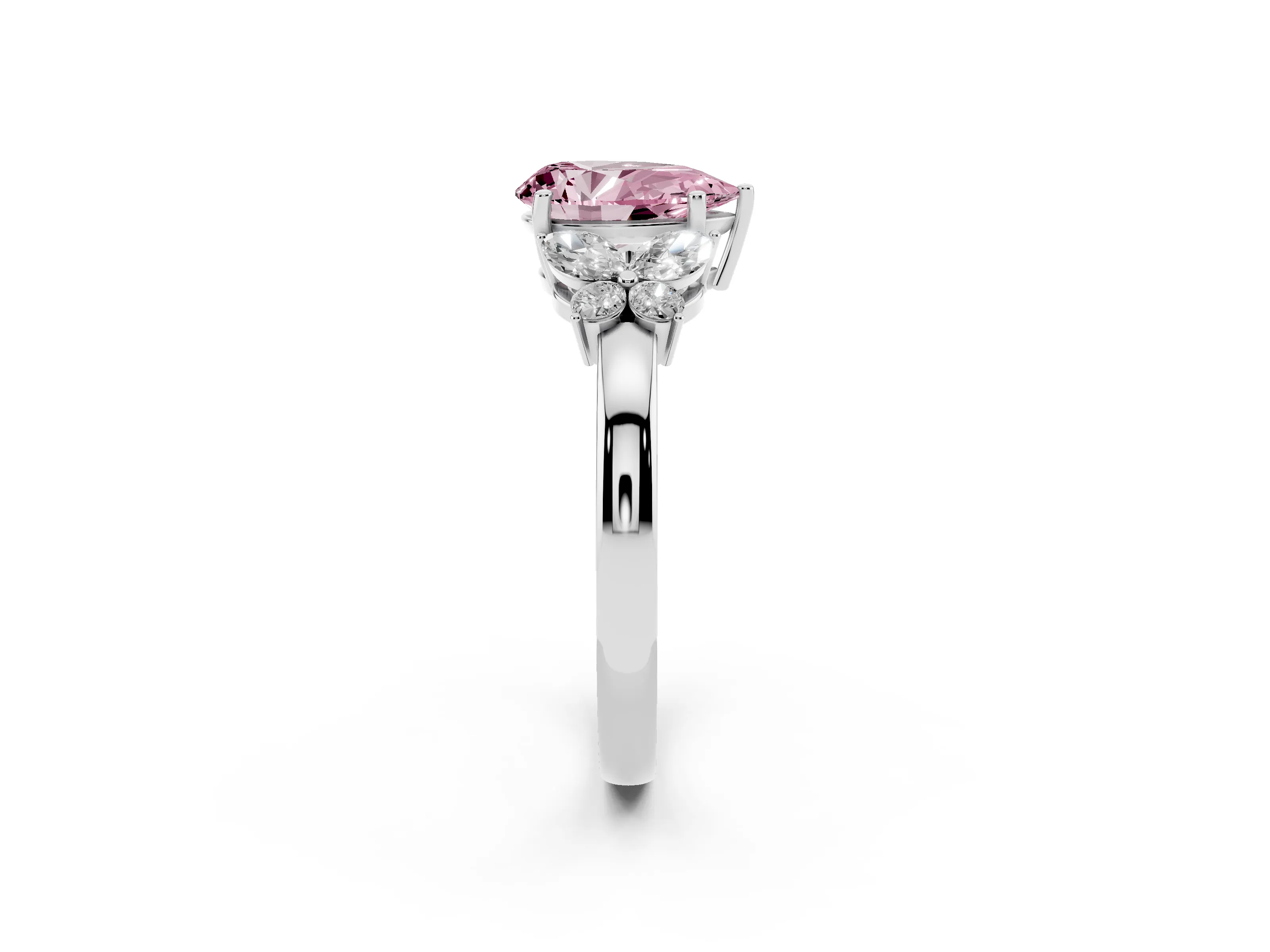 Fancy Pink Pear Cut Diamond Solitaire Floral Ring Set in Silver with Marquise Petals and Prong Setting