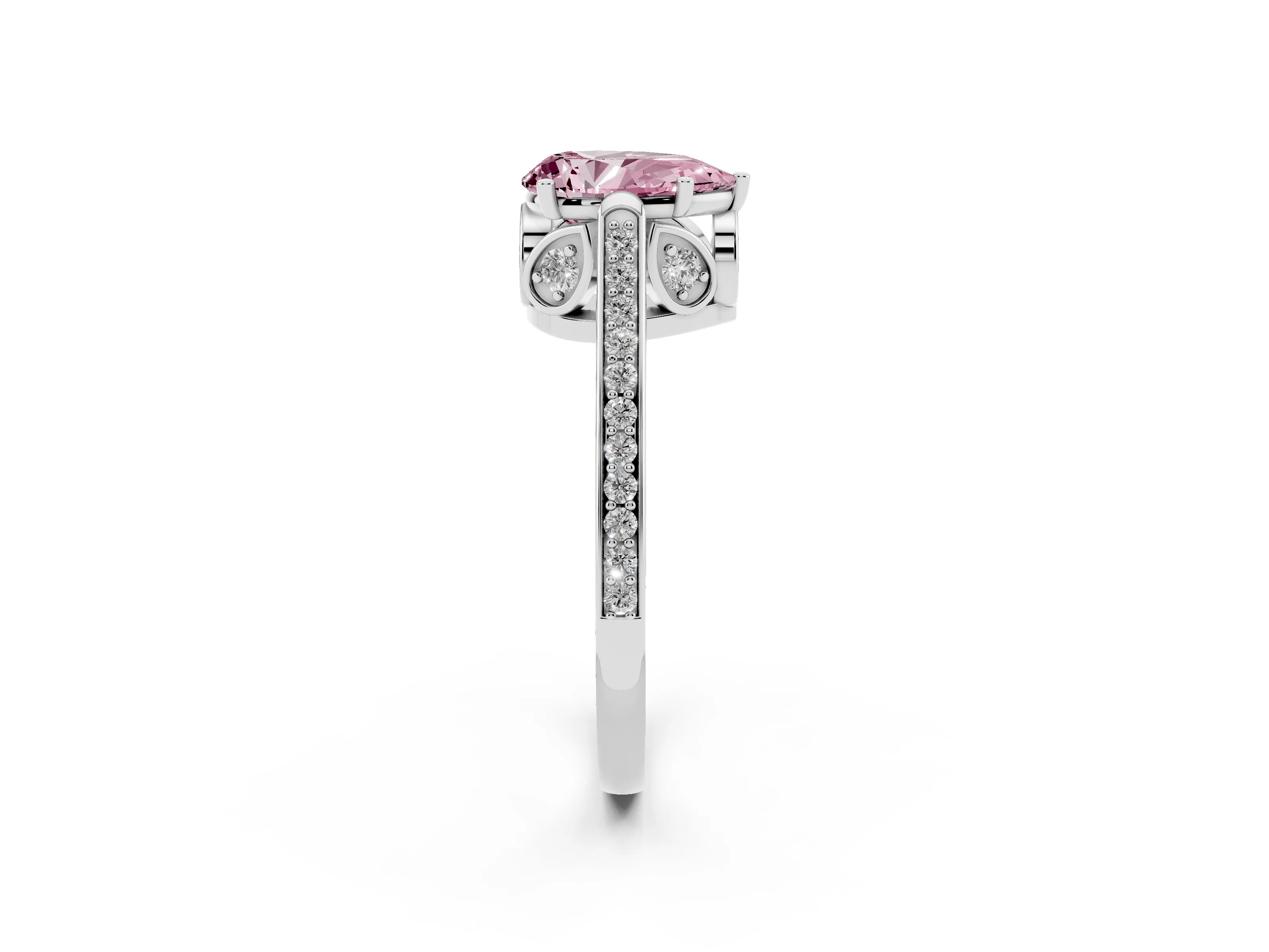 Fancy Pink Pear Cut Diamond Cathedral Pavé Engagement Ring Set in Silver with Prong Setting
