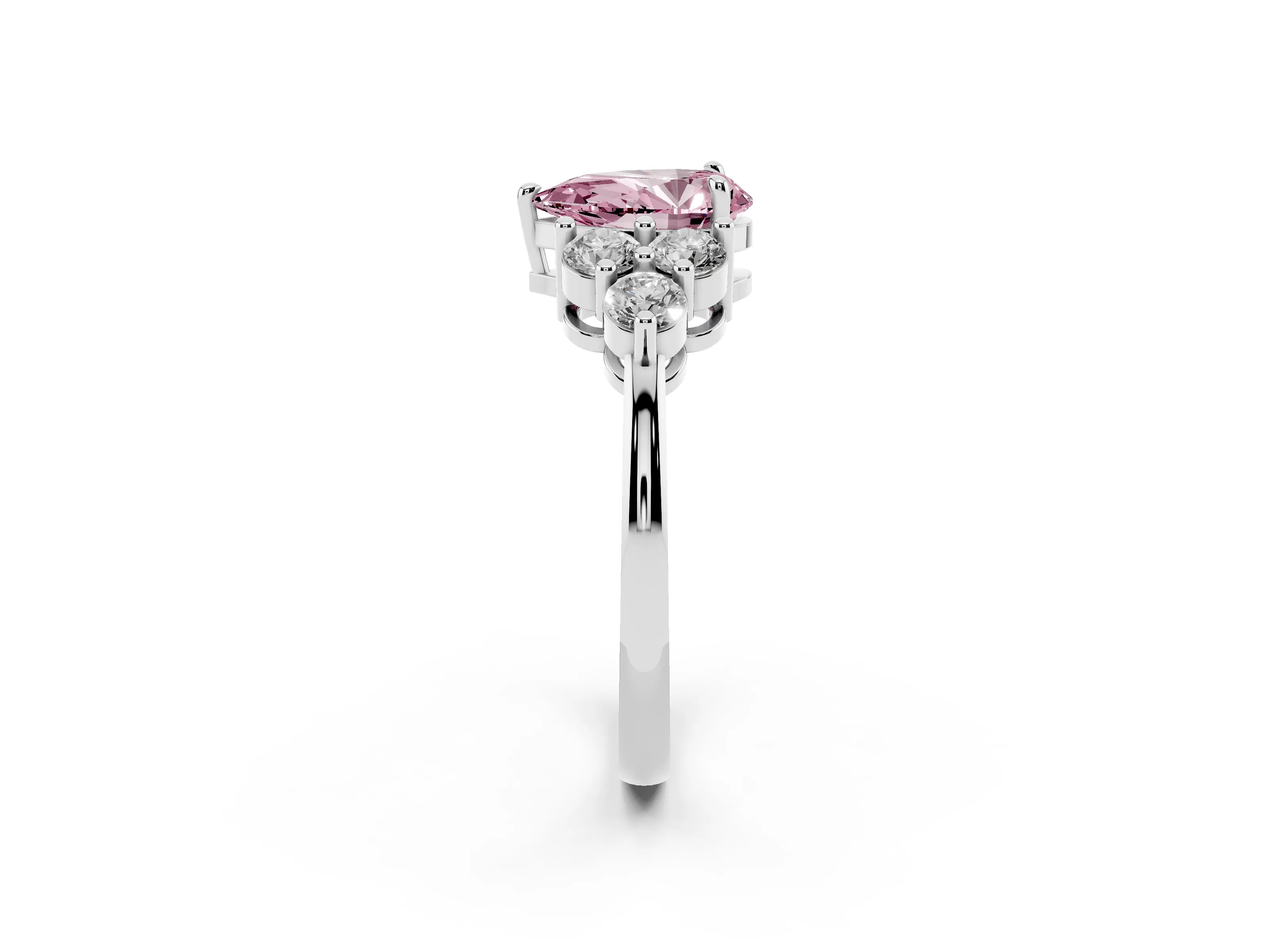 Fancy Pink Pear Cut Diamond Solitaire Ring Set in Silver with Cluster Accents on Each Side