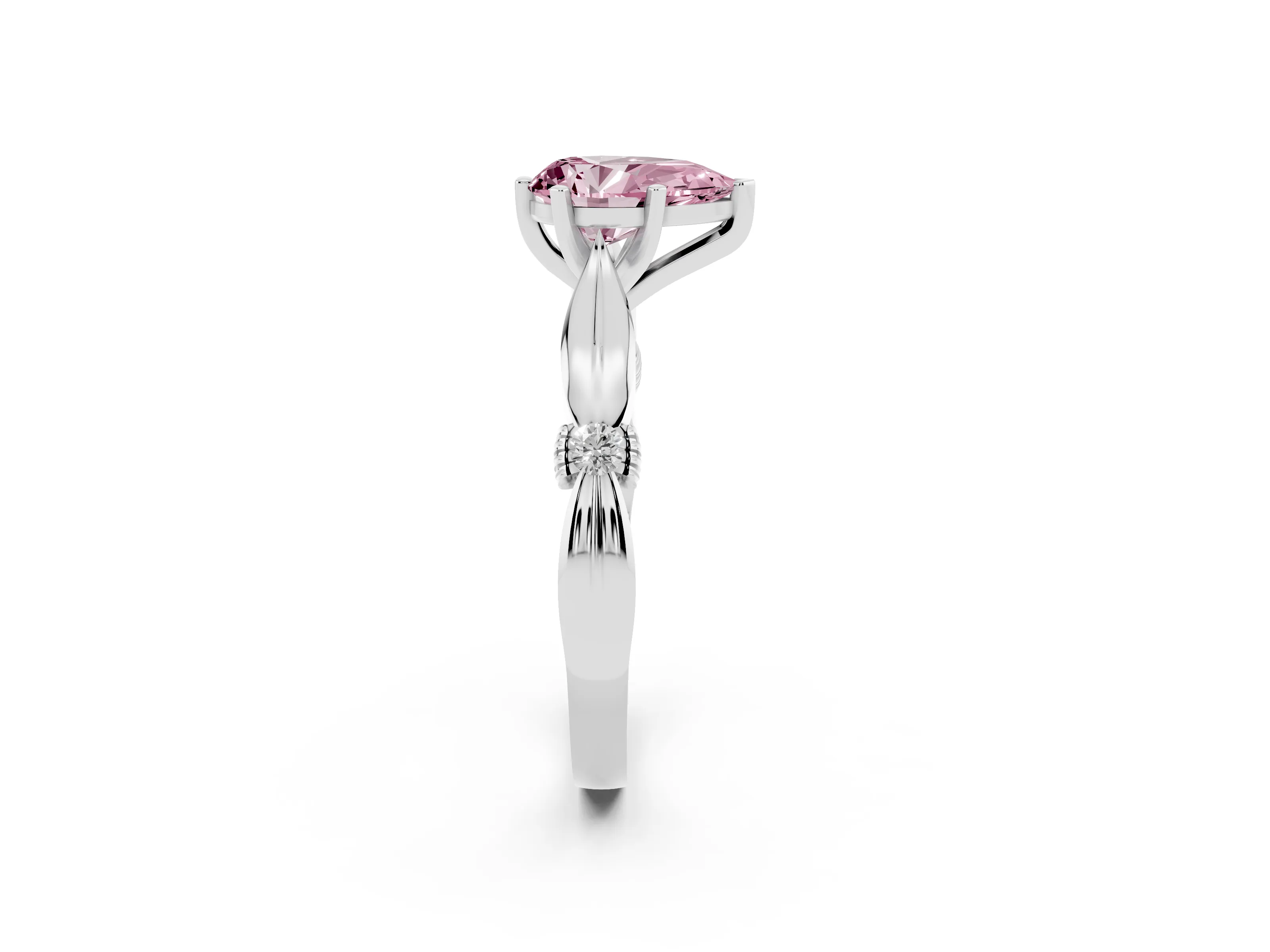 Fancy Pink Pear Cut Diamond Solitaire Twisted Band Ring Set in Silver with Accent Stones and Prong Setting