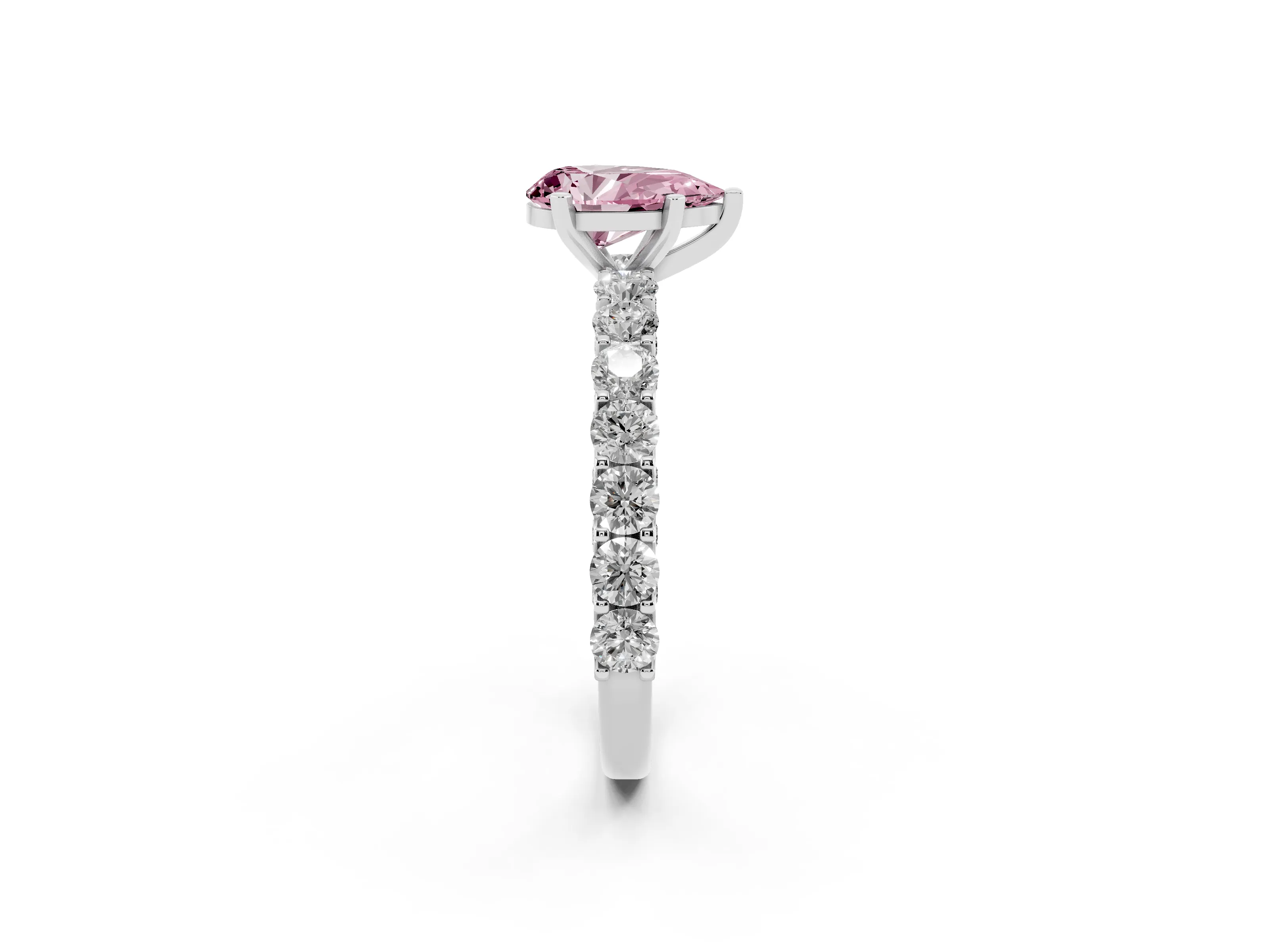 Fancy Pink Pear Cut Diamond Solitaire Ring Set in Silver with Shared Prong Pavé Band