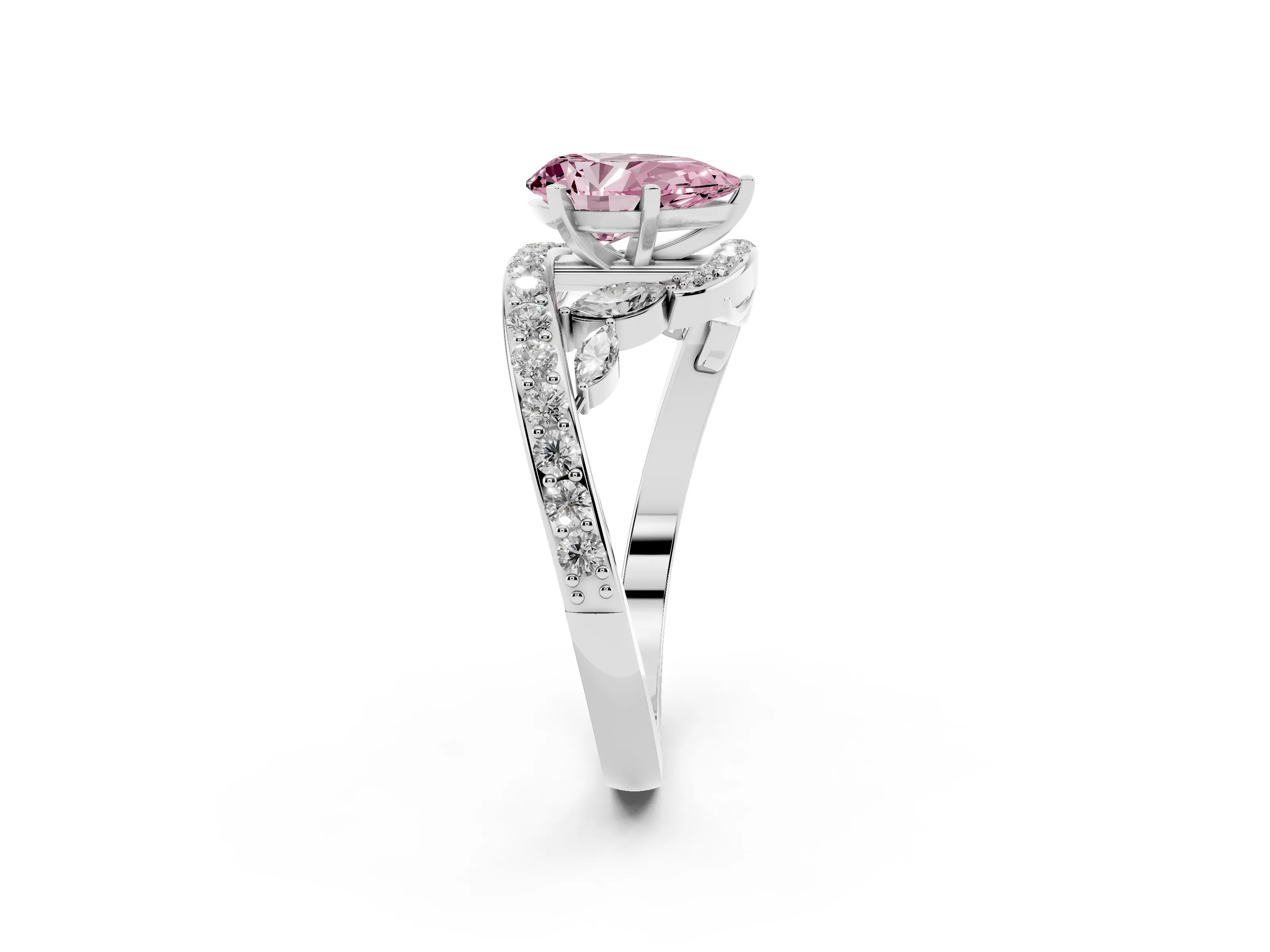 Fancy Pink Pear Cut Diamond Solitaire Ring Set in Platinum with Pavé Twist Band and Secure Prong Setting