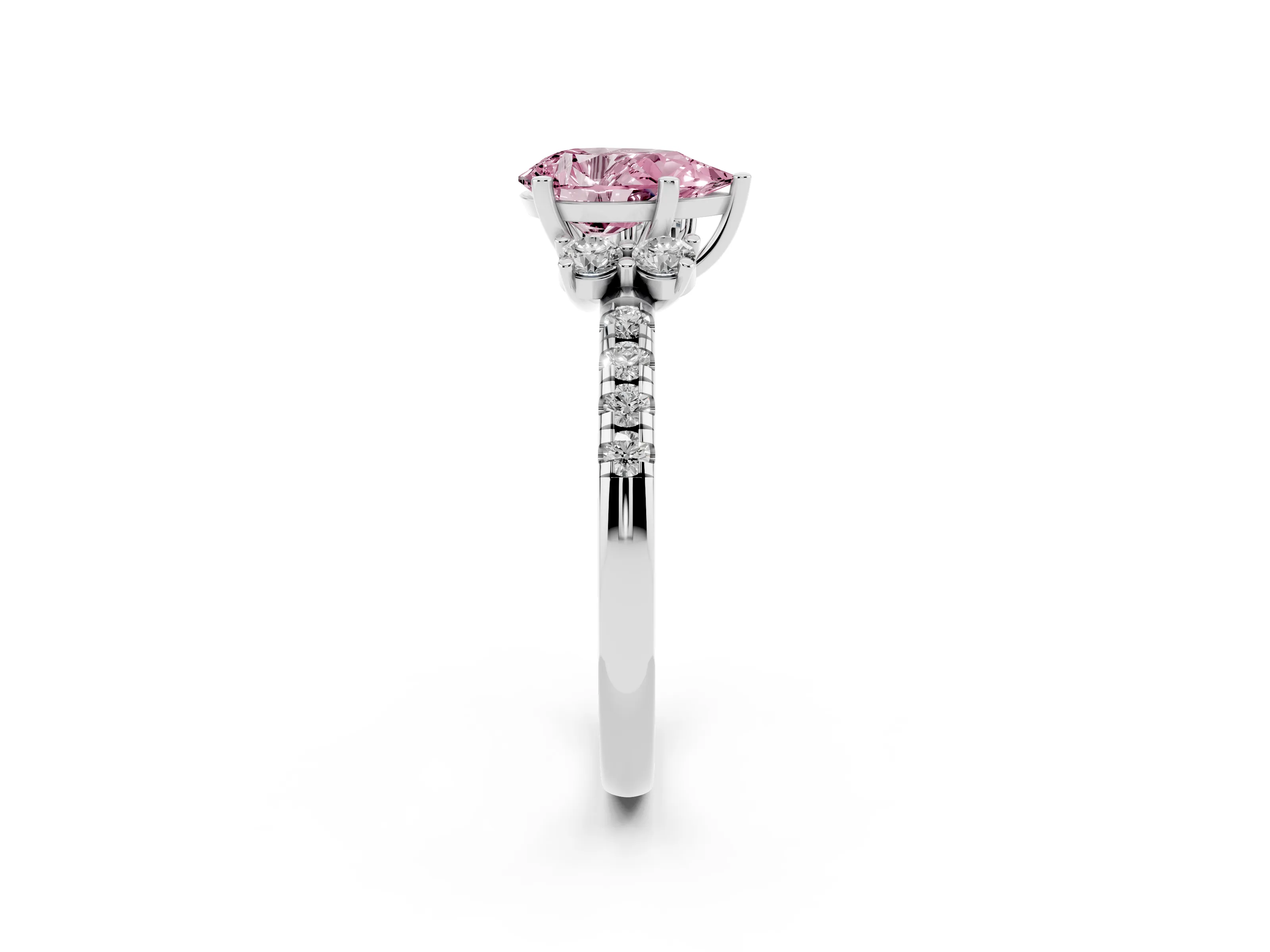 Fancy Pink Pear Cut Diamond Three-Stone Pavé Ring Set in Platinum with Prong Setting