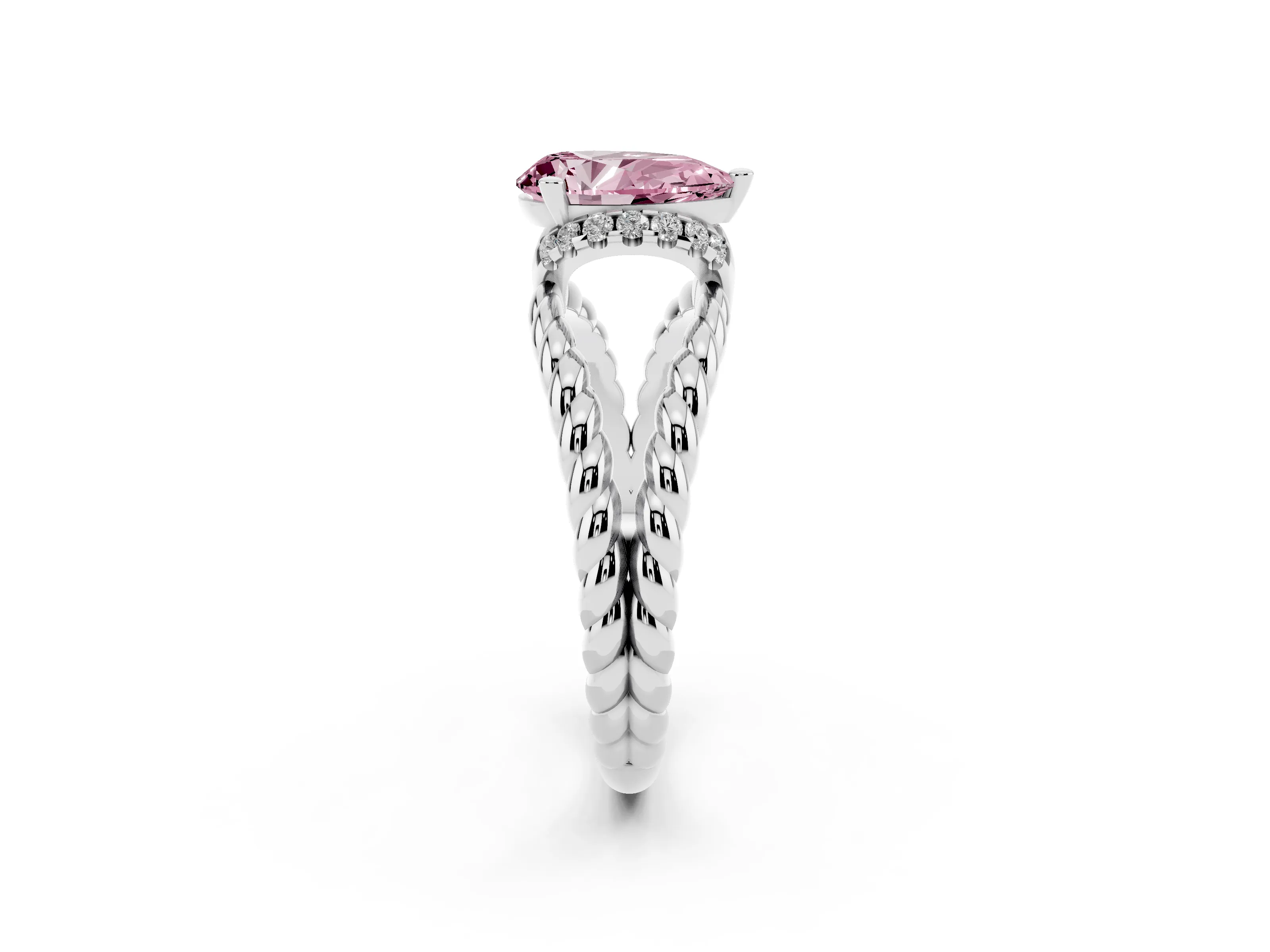 Fancy Pink Pear Cut Diamond Halo Ring Set in White gold with Twisted Band and Prong Setting