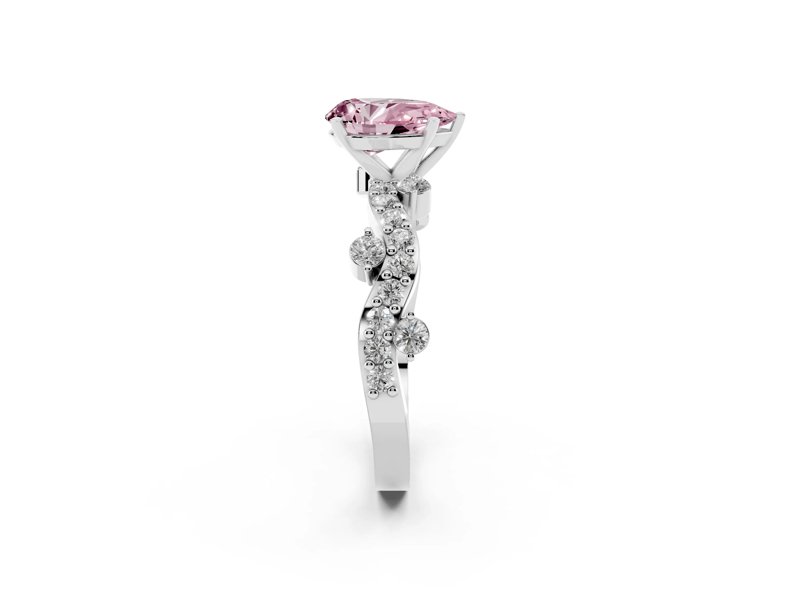 Fancy Pink Pear Cut Diamond Solitaire Twisted Band Set in White gold with Pavé Setting
