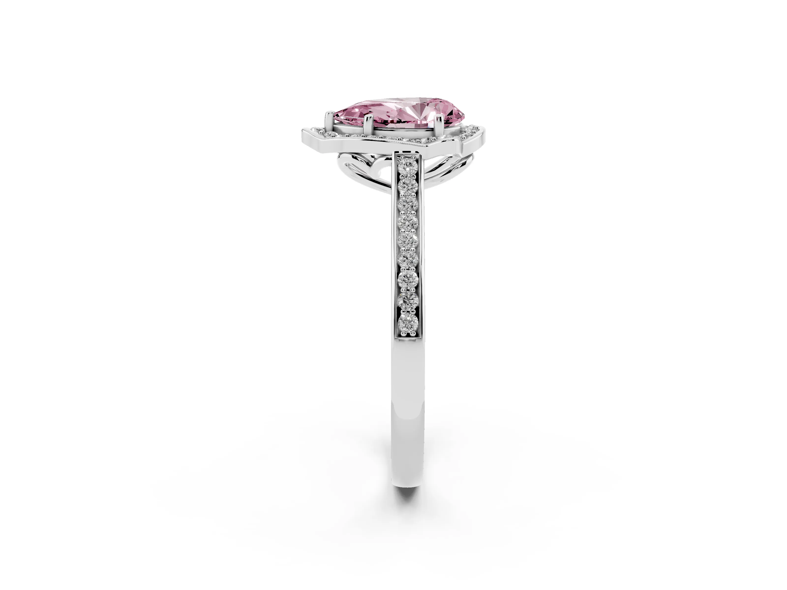 Fancy Pink Pear Cut Diamond Halo Ring Set in White gold with Pavé-Lined Shoulders and Prong Setting