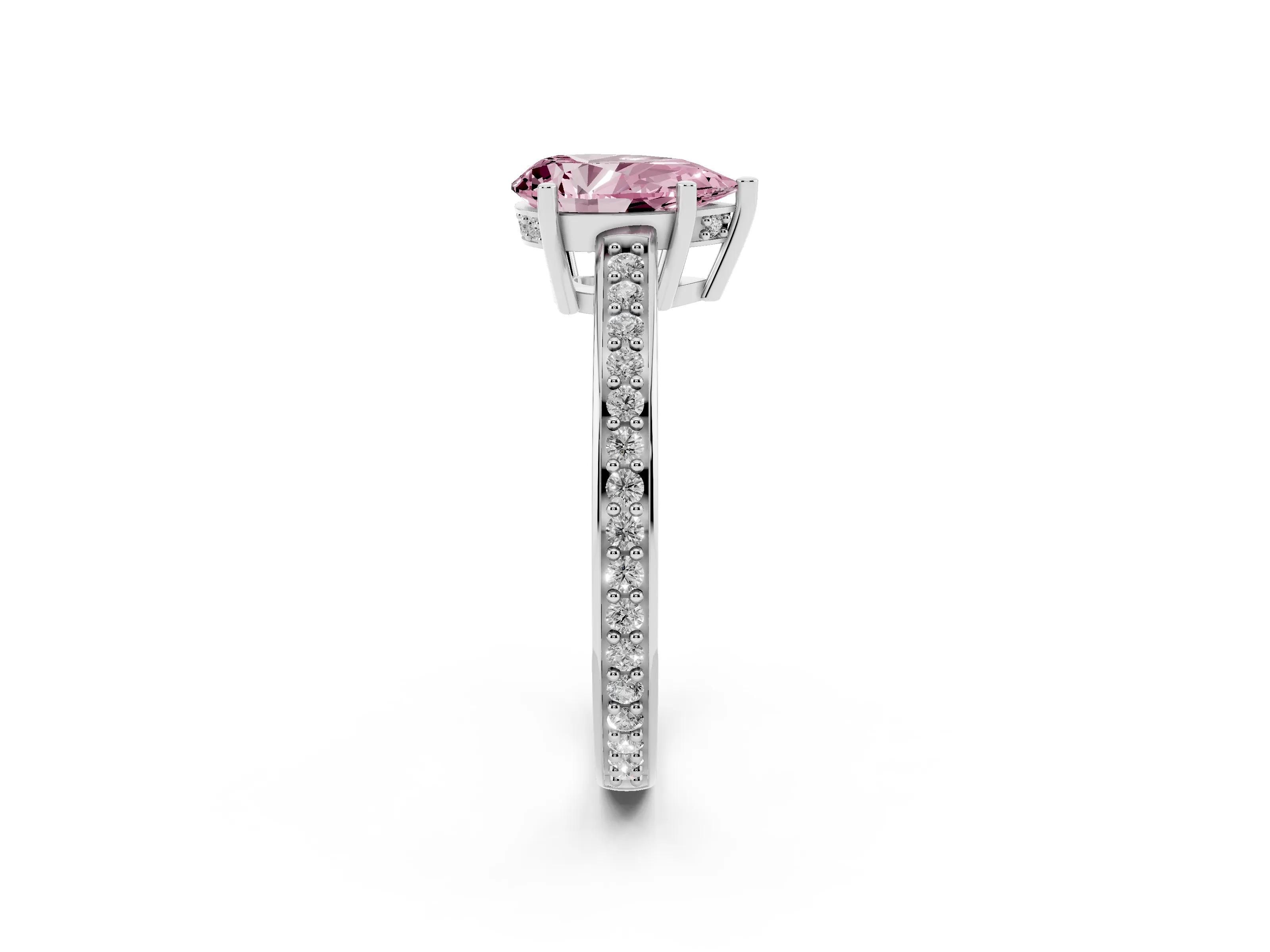 Fancy Pink Pear Cut Diamond Pavé Band Prong Set Solitaire Ring Set in Silver