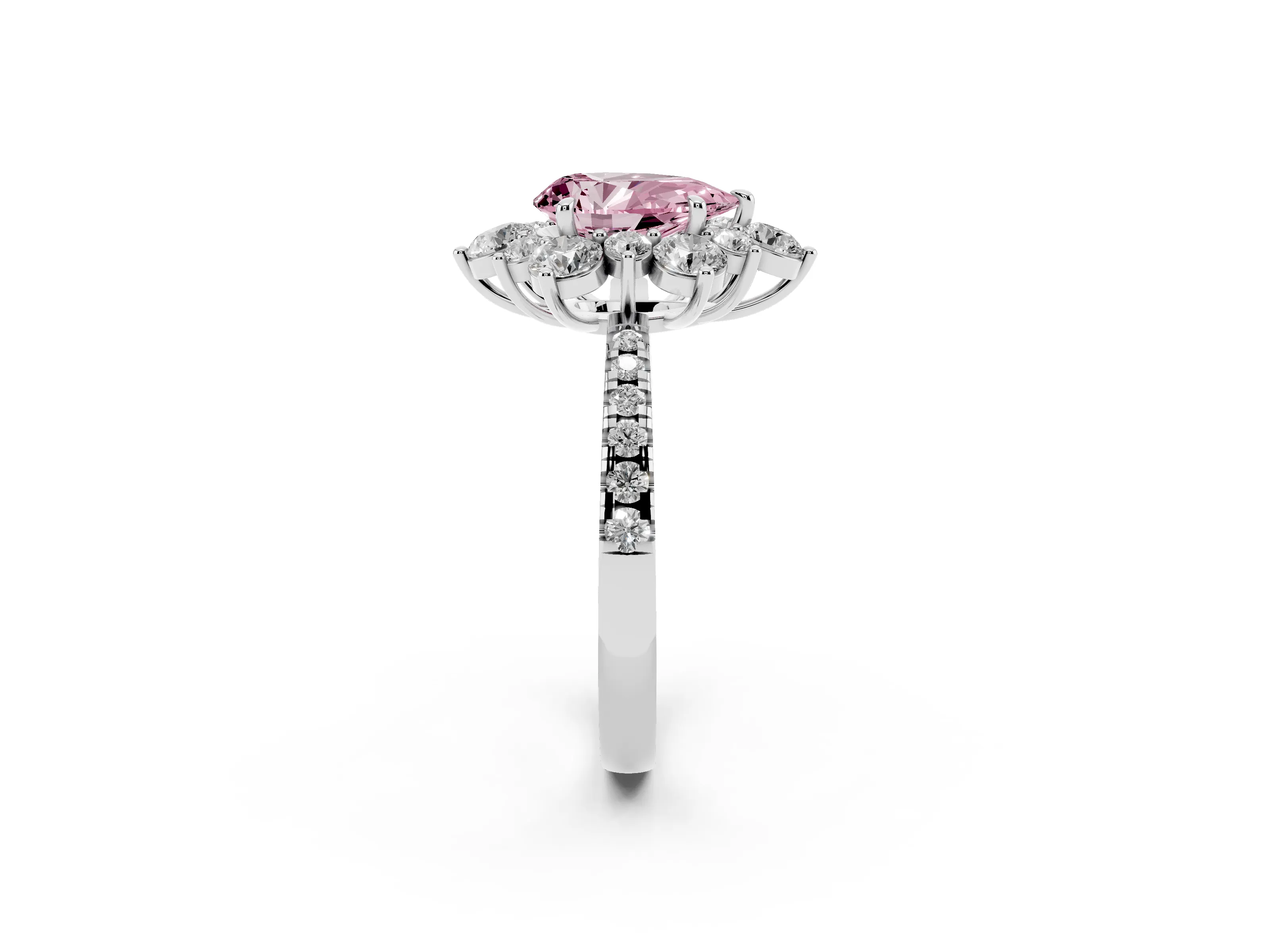 Fancy Pink Pear Cut Diamond Floral Halo Ring Set in White gold with Round Pavé Band and Prong Setting