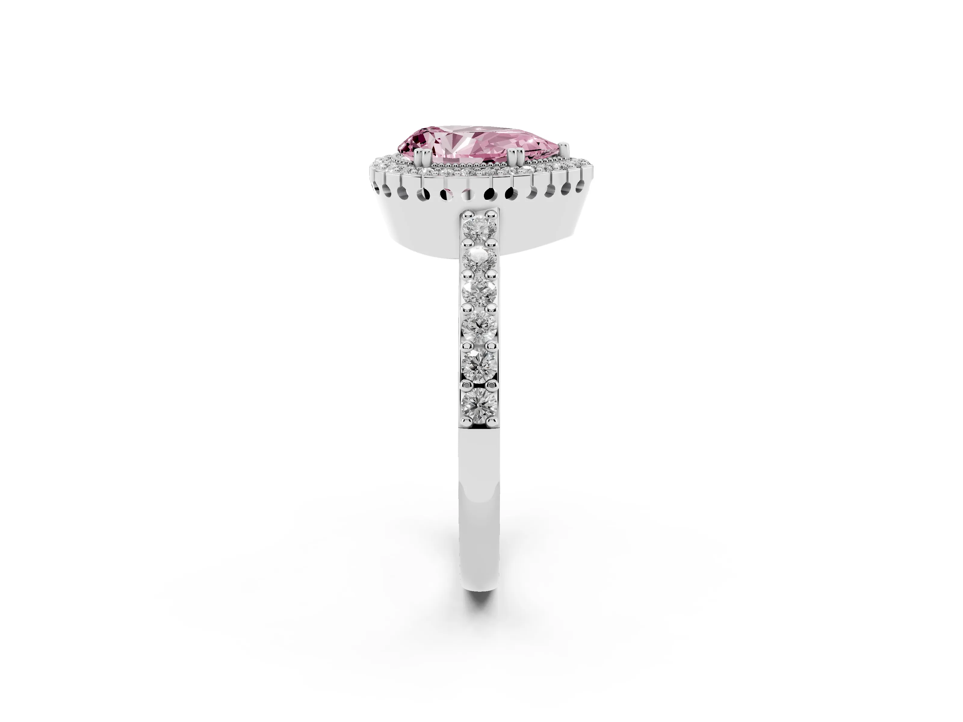 Fancy Pink Pear Cut Diamond Halo Engagement Ring Set in White gold with Milgrain Detail and Pavé Band