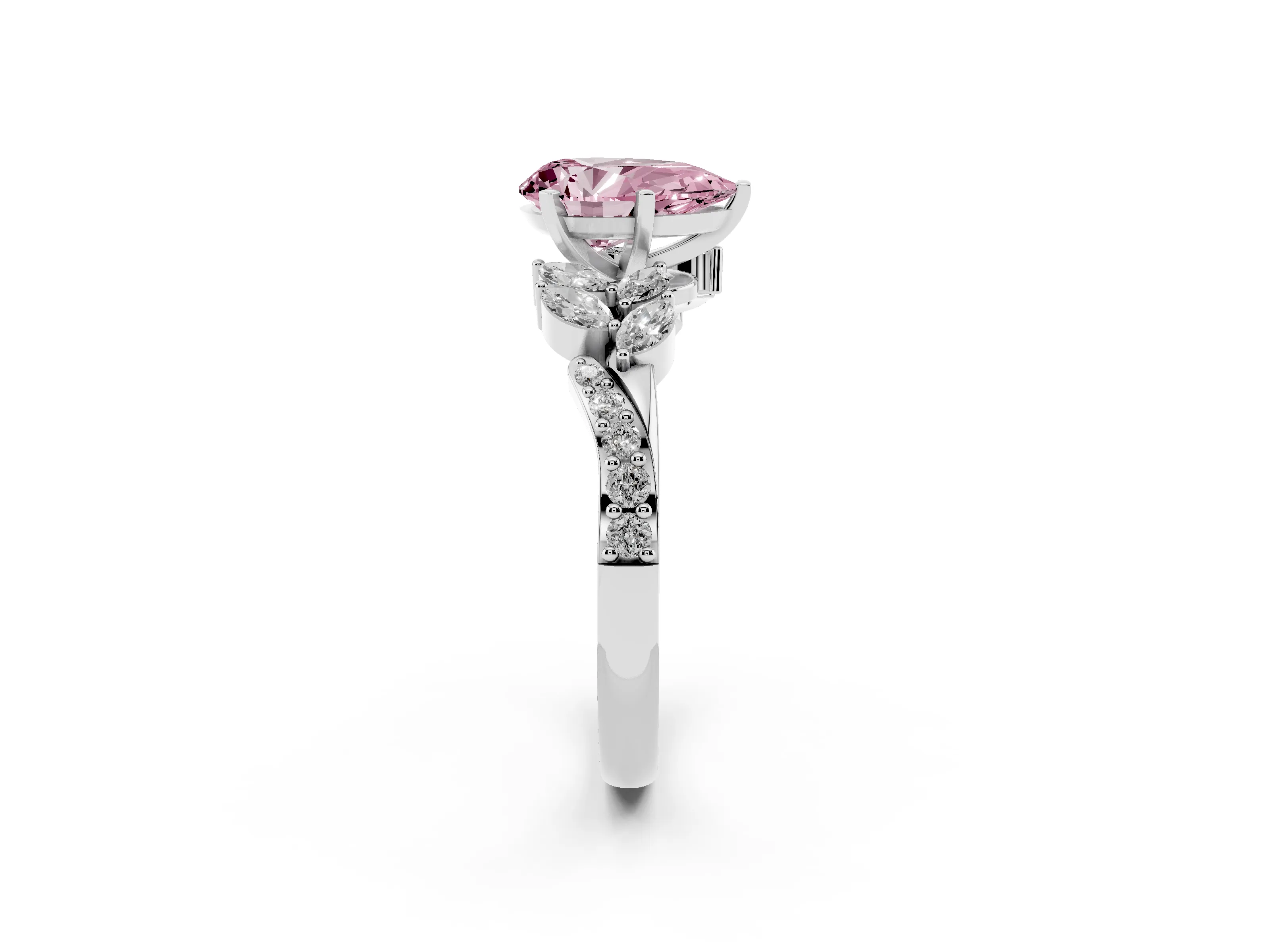 Fancy Pink Pear Cut Diamond Solitaire Ring Set in Platinum with Marquise Twist Band and Prong Setting