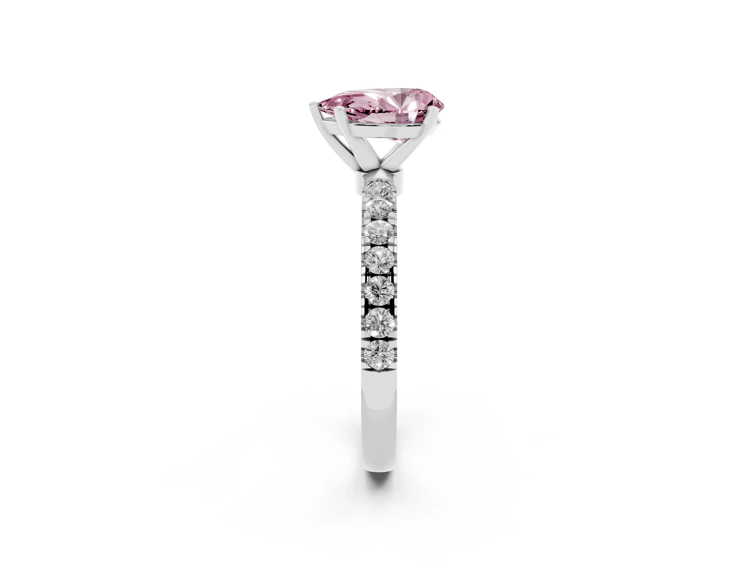 Fancy Pink Pear Cut Diamond Solitaire Ring Set in Platinum with Pavé Accents and Prong Setting