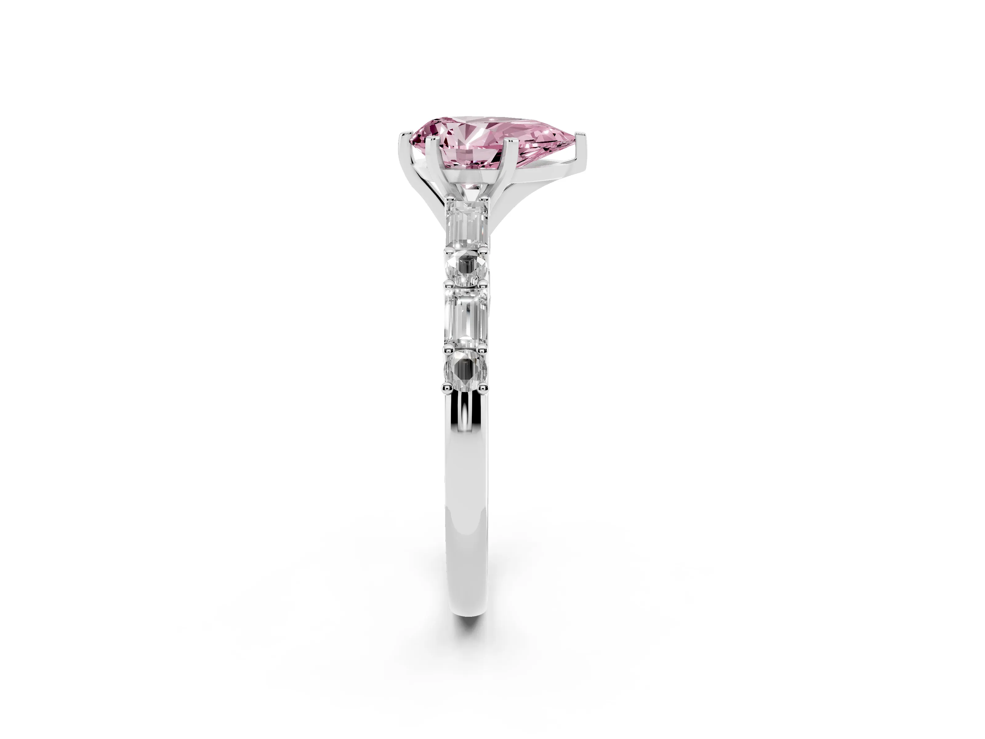 Fancy Pink Pear Cut Diamond Solitaire Set in White gold with Side Baguettes and Channel Set Band