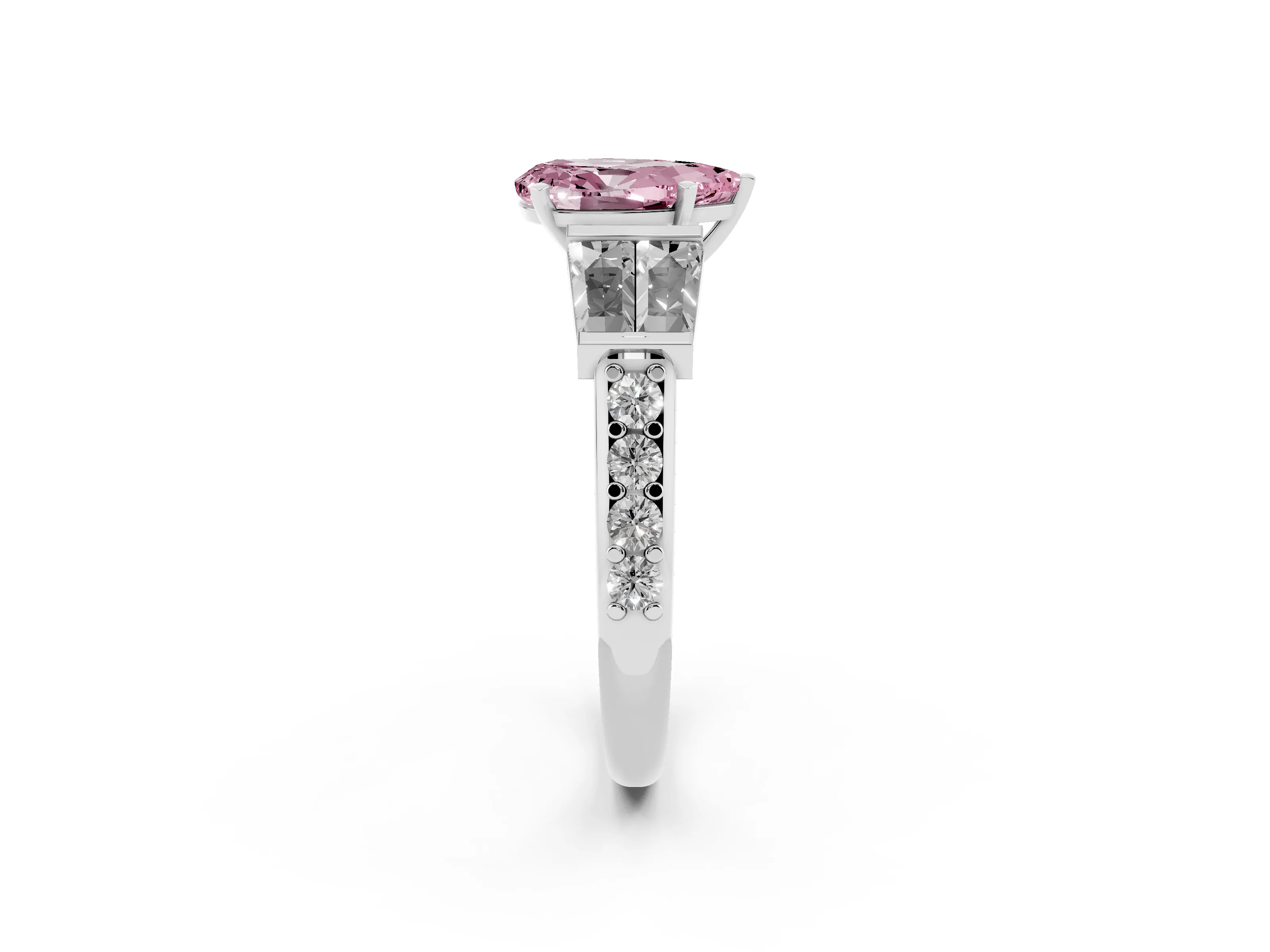 Fancy Pink Pear Cut Diamond Engagement Ring Set in White gold with Baguette Side Stones and Channel Set Band