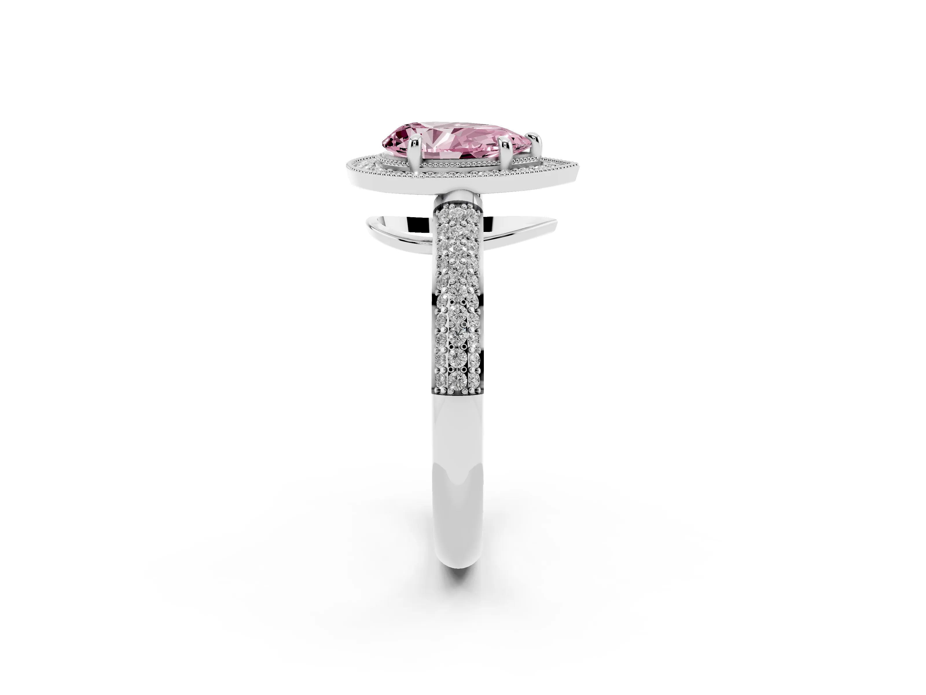 Fancy Pink Pear Cut Diamond Halo Pavé Band Set in White gold with Prong Setting