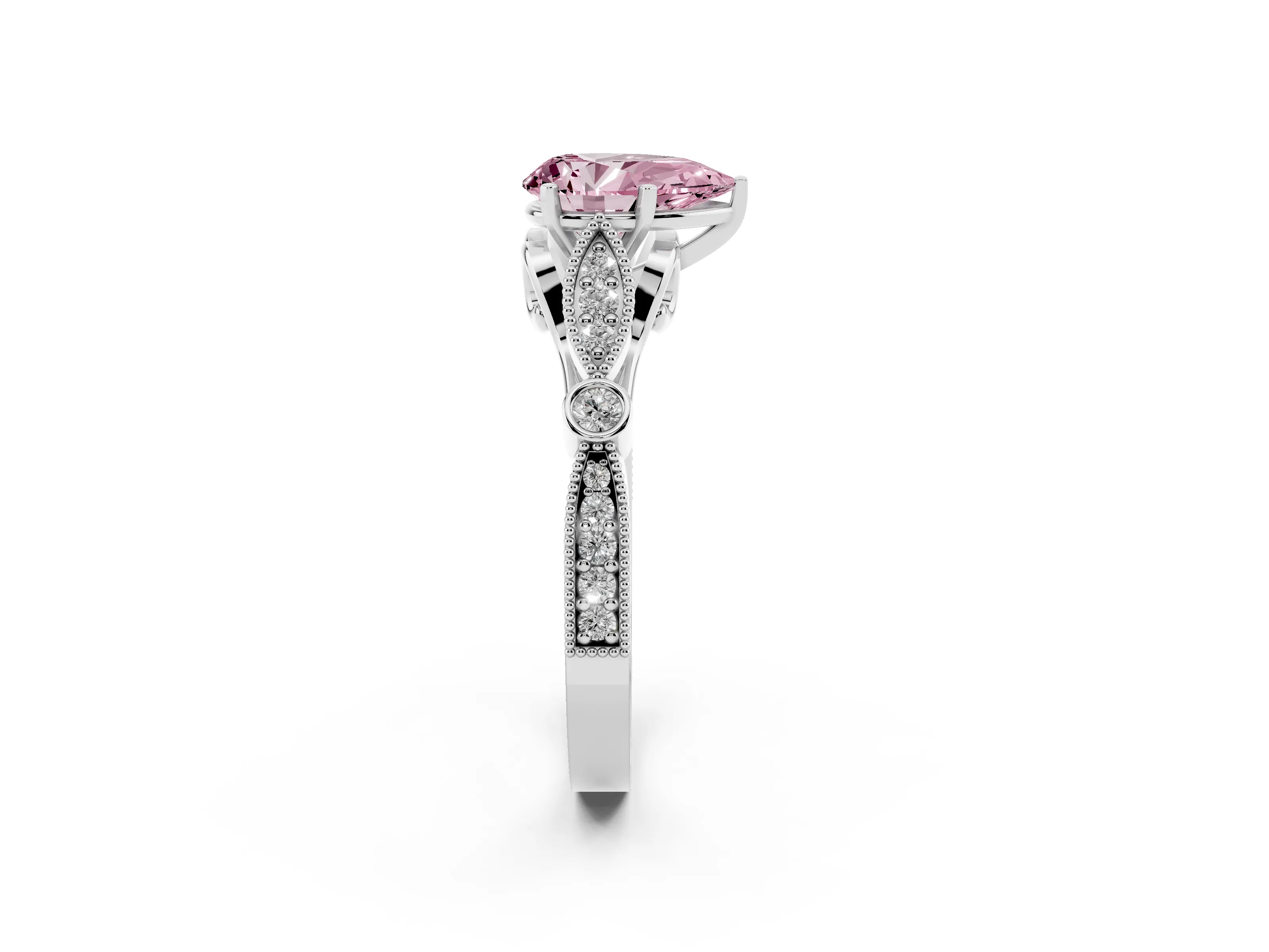 Fancy Pink Pear Cut Diamond Solitaire Ring Set in White gold with Milgrain Marquise and Bezel Accents