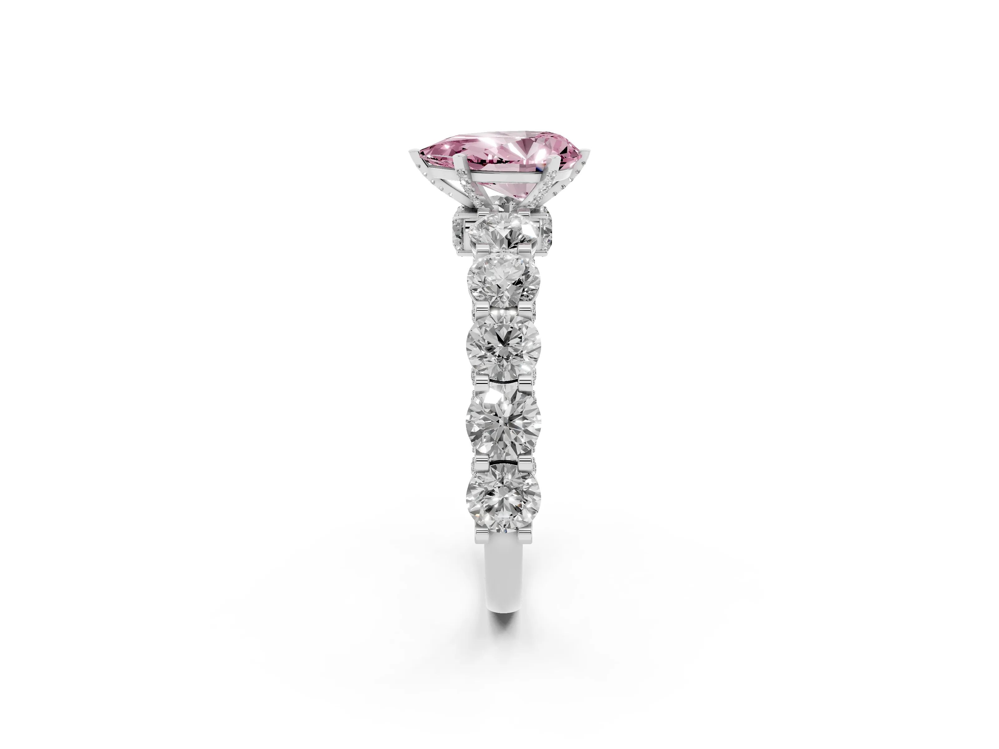 Fancy Pink Pear Cut Diamond Side Stone Ring Set in Silver with Alternating Round and Oval Side Stones