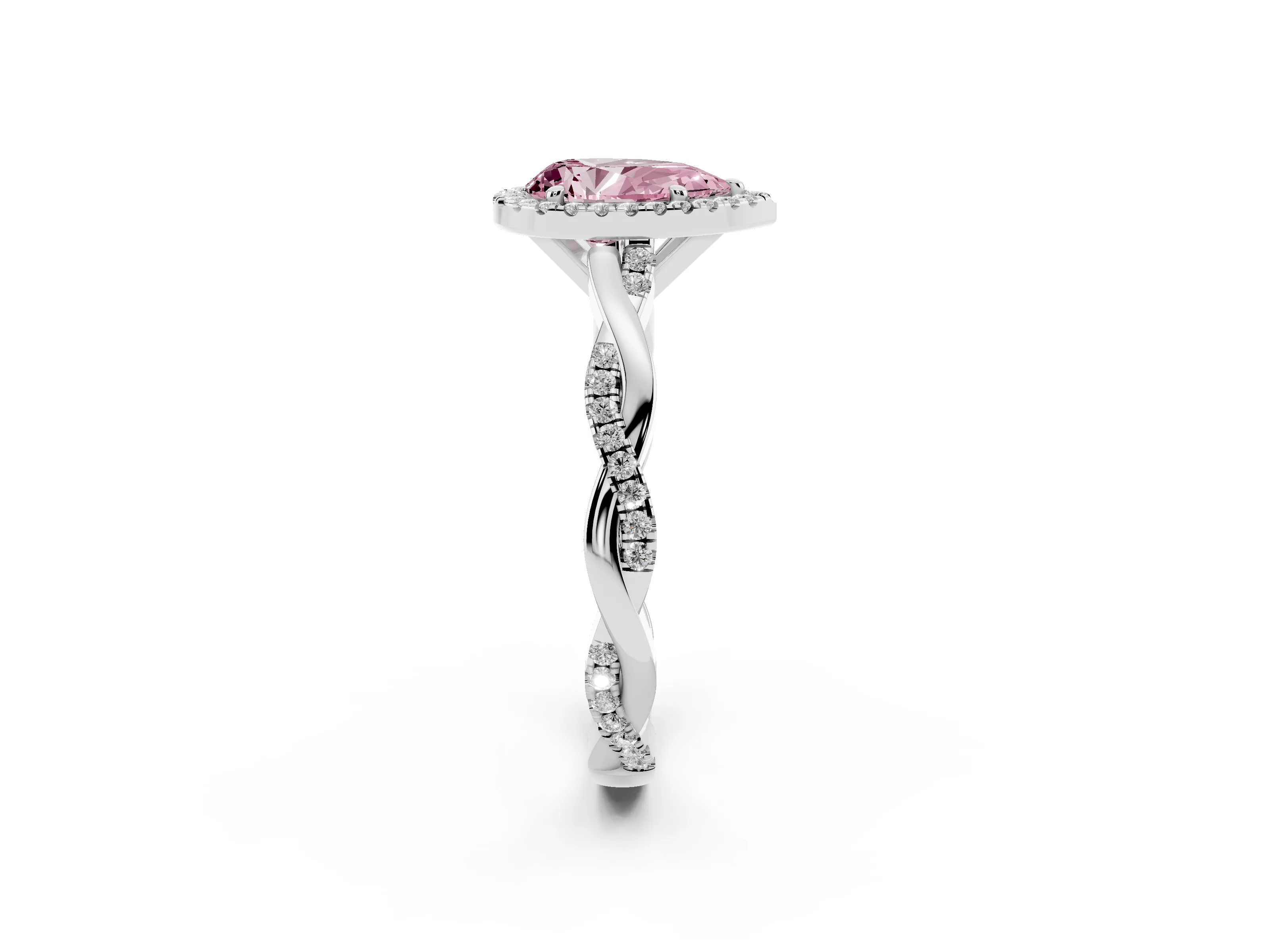 Fancy Pink Pear Cut Diamond Halo Twisted Band Ring Set in Platinum with Prong Setting