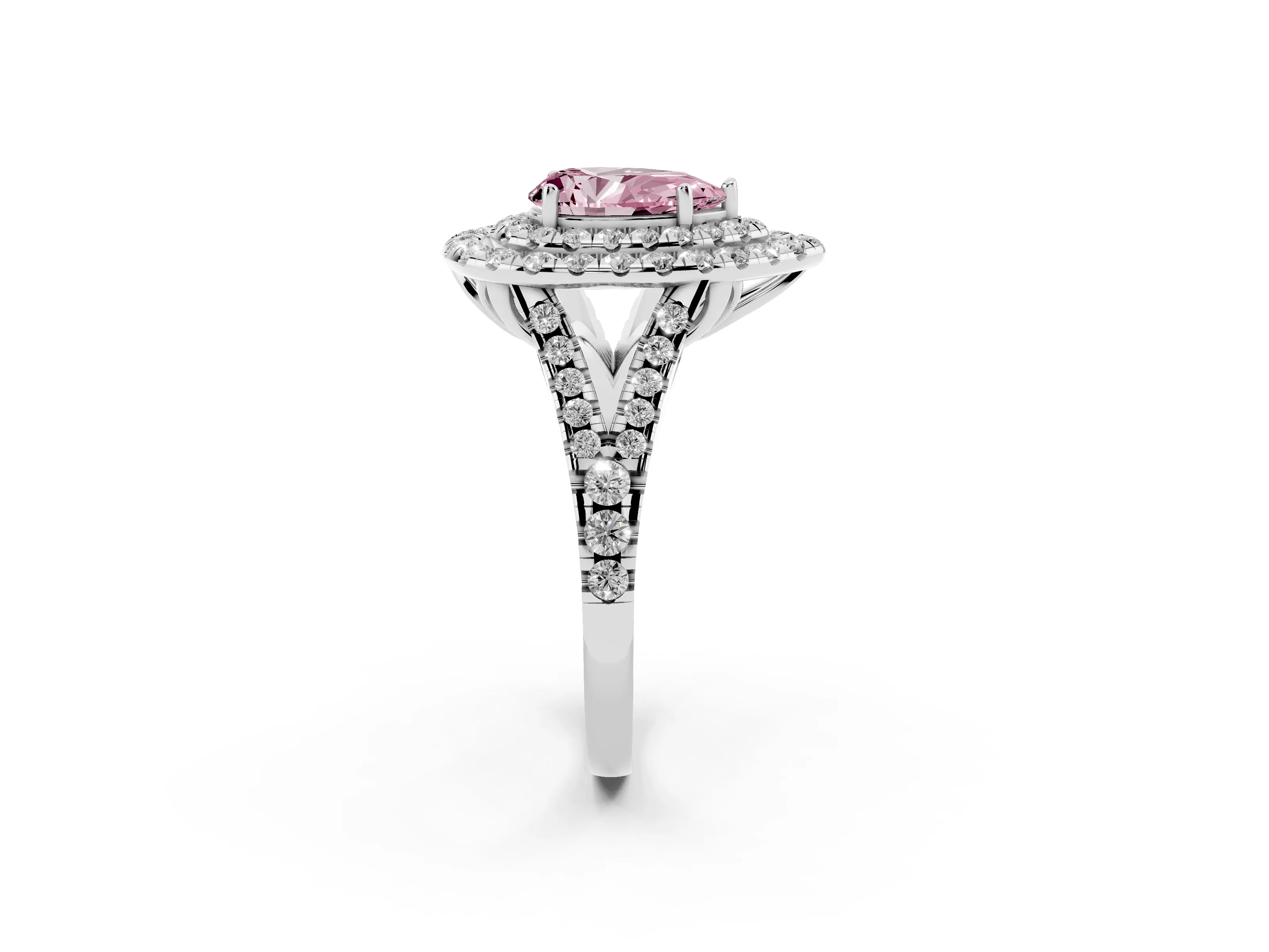 Fancy Pink Pear Cut Diamond Double Halo Ring Set in Silver with Pavé Split Shank and Prong Setting