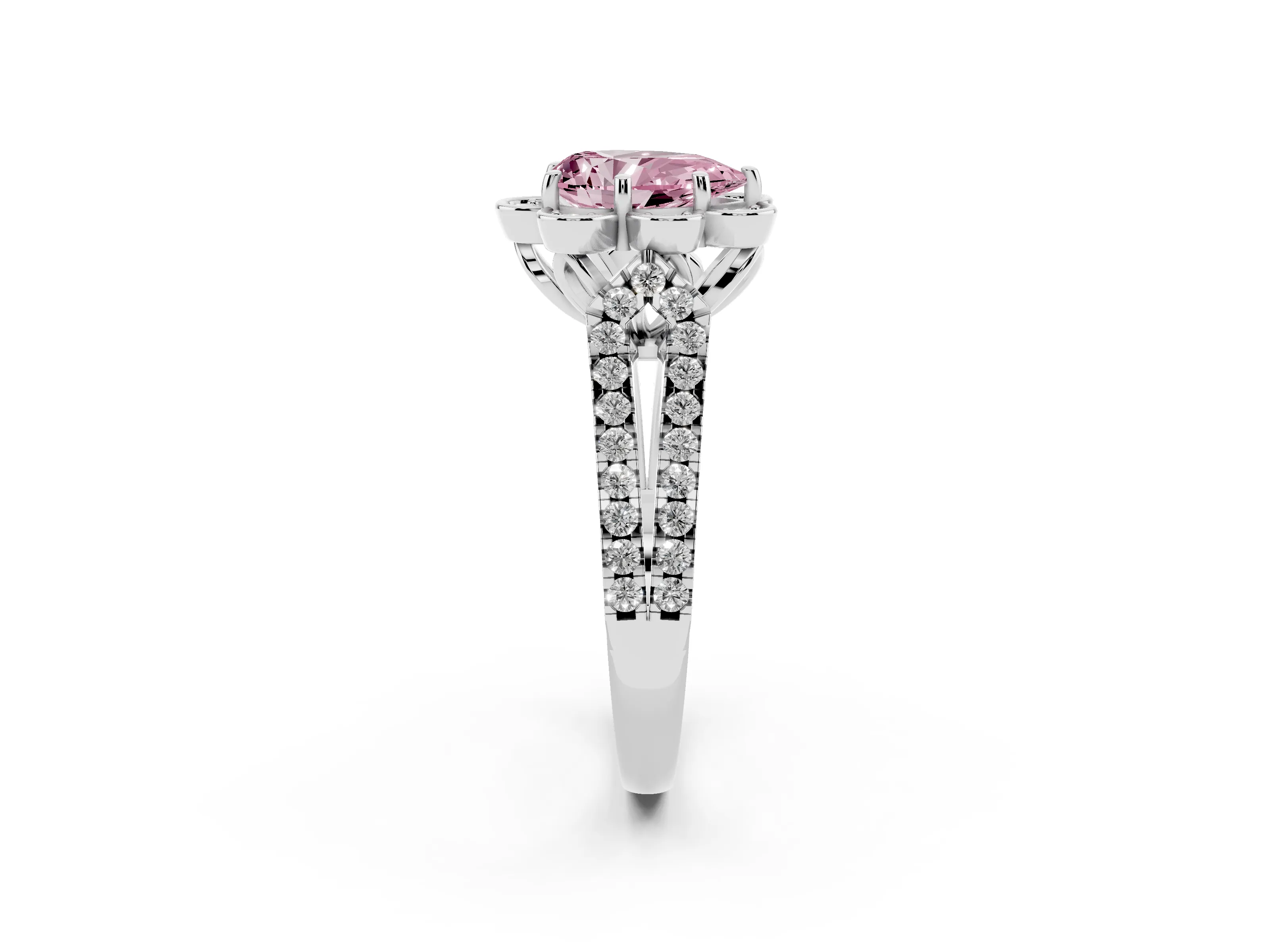 Fancy Pink Pear Cut Diamond Floral Halo Split Shank Engagement Ring Set in White gold with Pavé Shank
