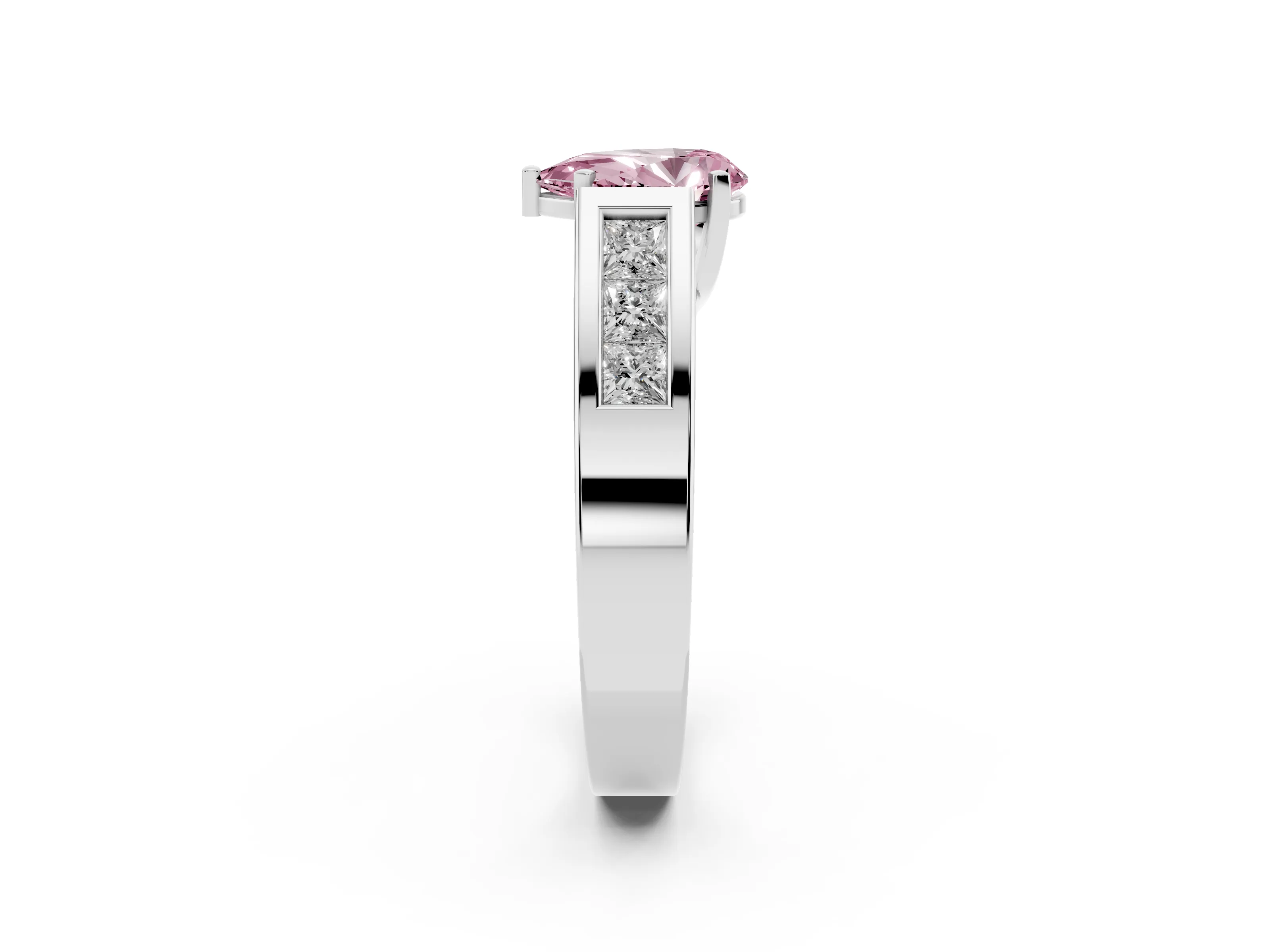 Fancy Pink Pear Cut Diamond Solitaire Ring Set in White gold with Channel-Set Accent Stones and Prong Setting