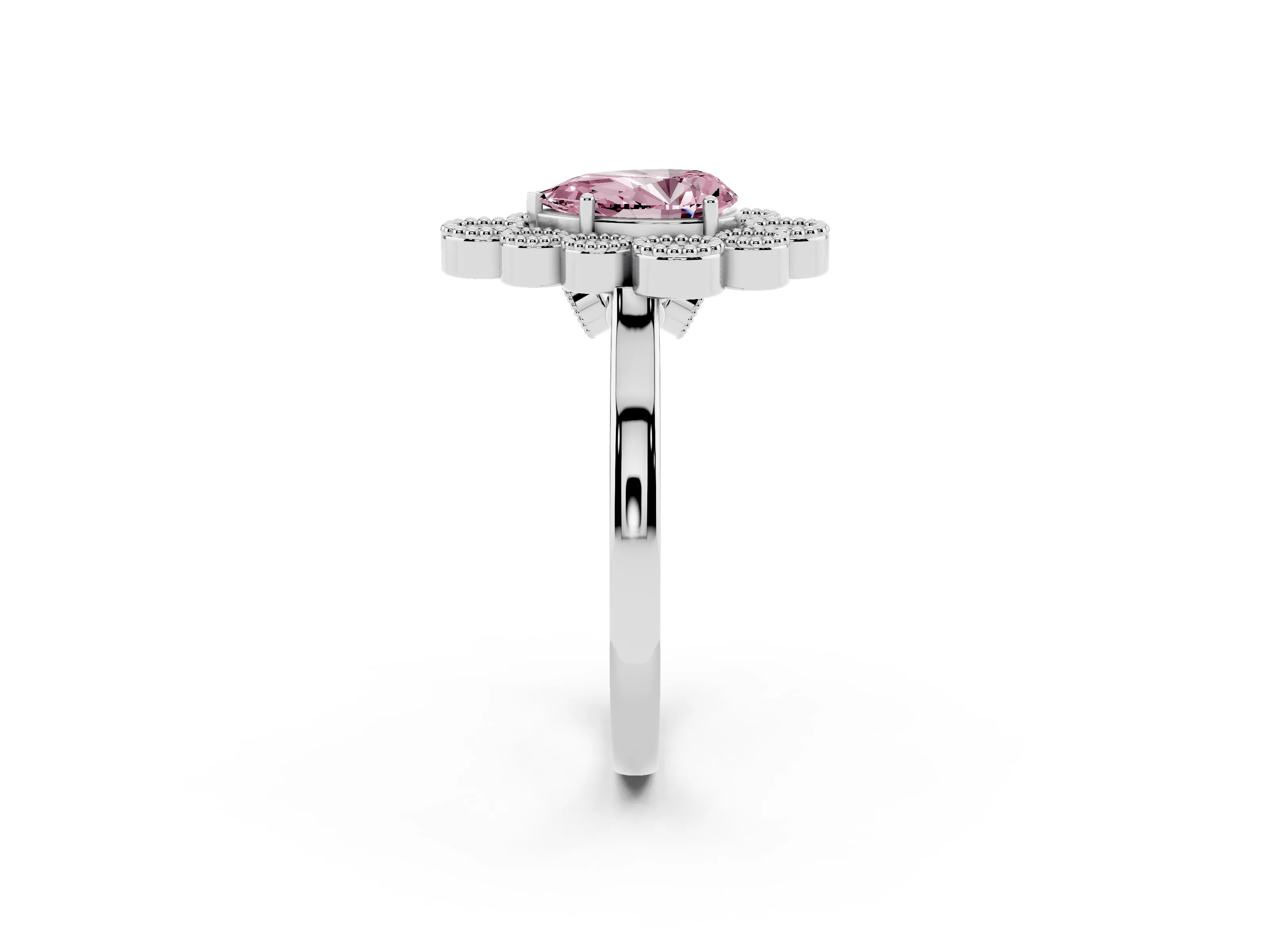 Fancy Pink Pear Cut Diamond Cluster Halo Ring Set in White gold with Milgrain Bezel Accents and Plain Band