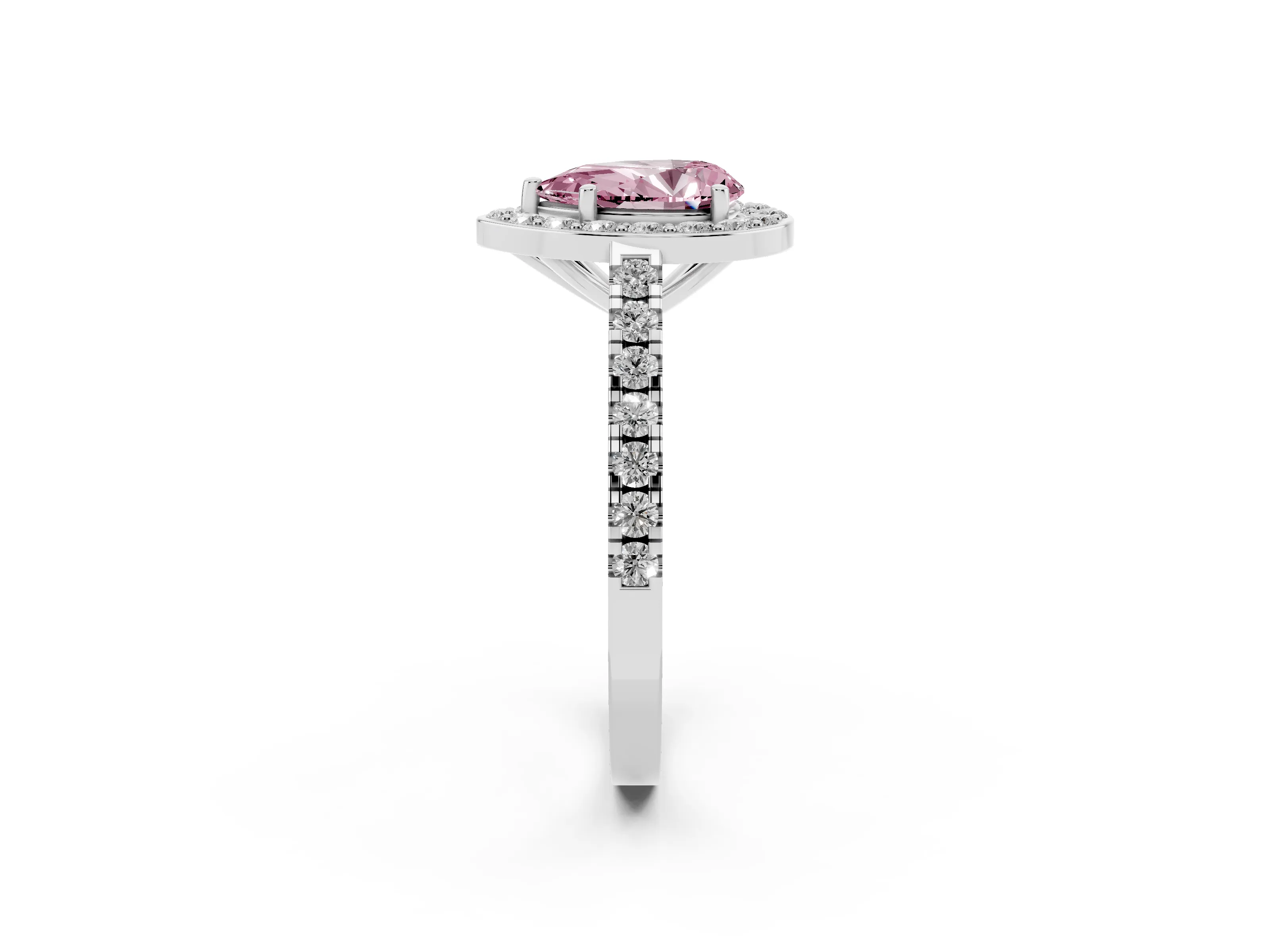 Fancy Pink Pear Cut Diamond Halo Ring Set in Silver with Round Pavé Split Shank and Prong Setting
