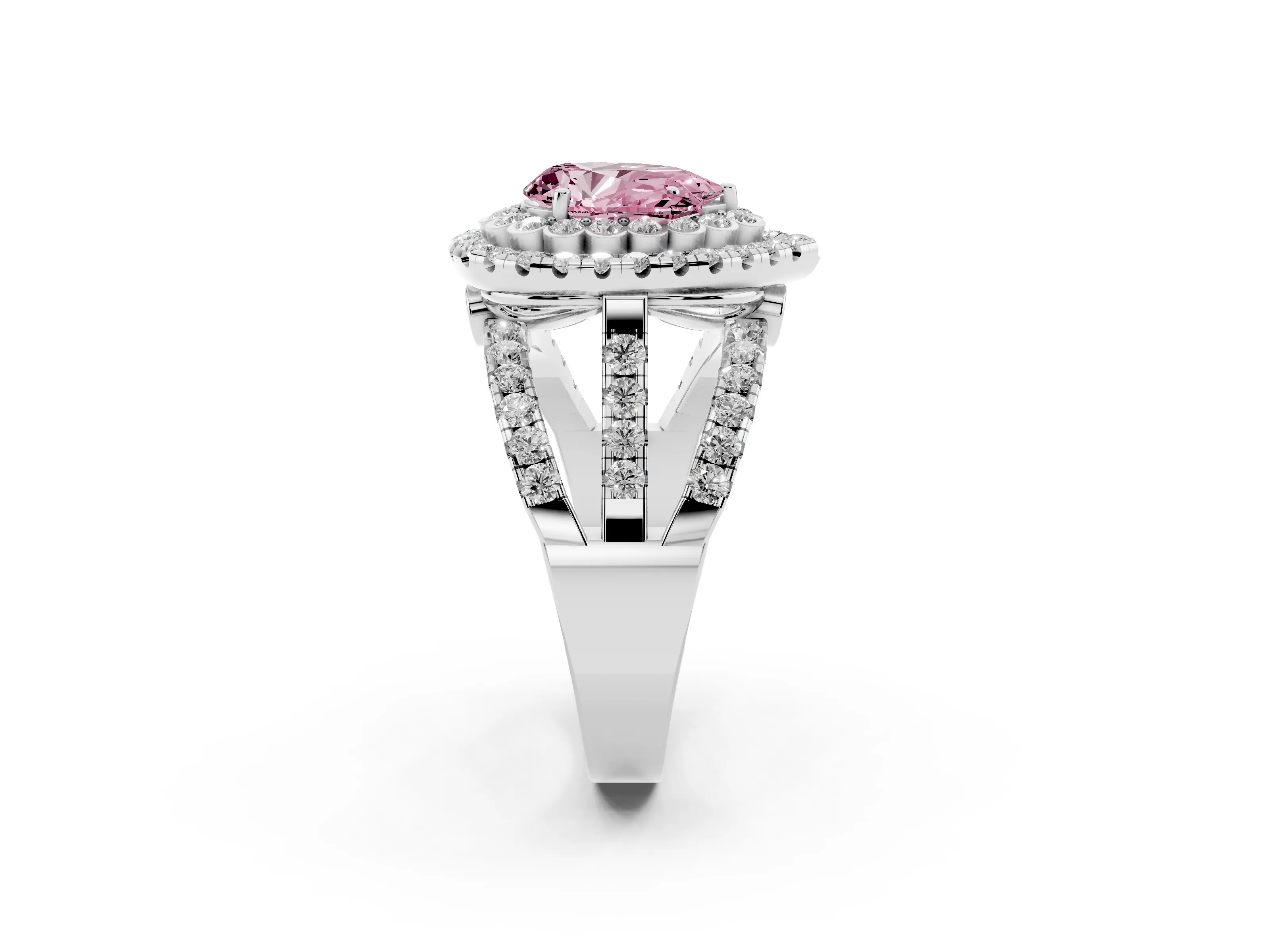 Fancy Pink Pear Cut Diamond Double Halo Ring Set in Silver with Round Pavé Split Shank
