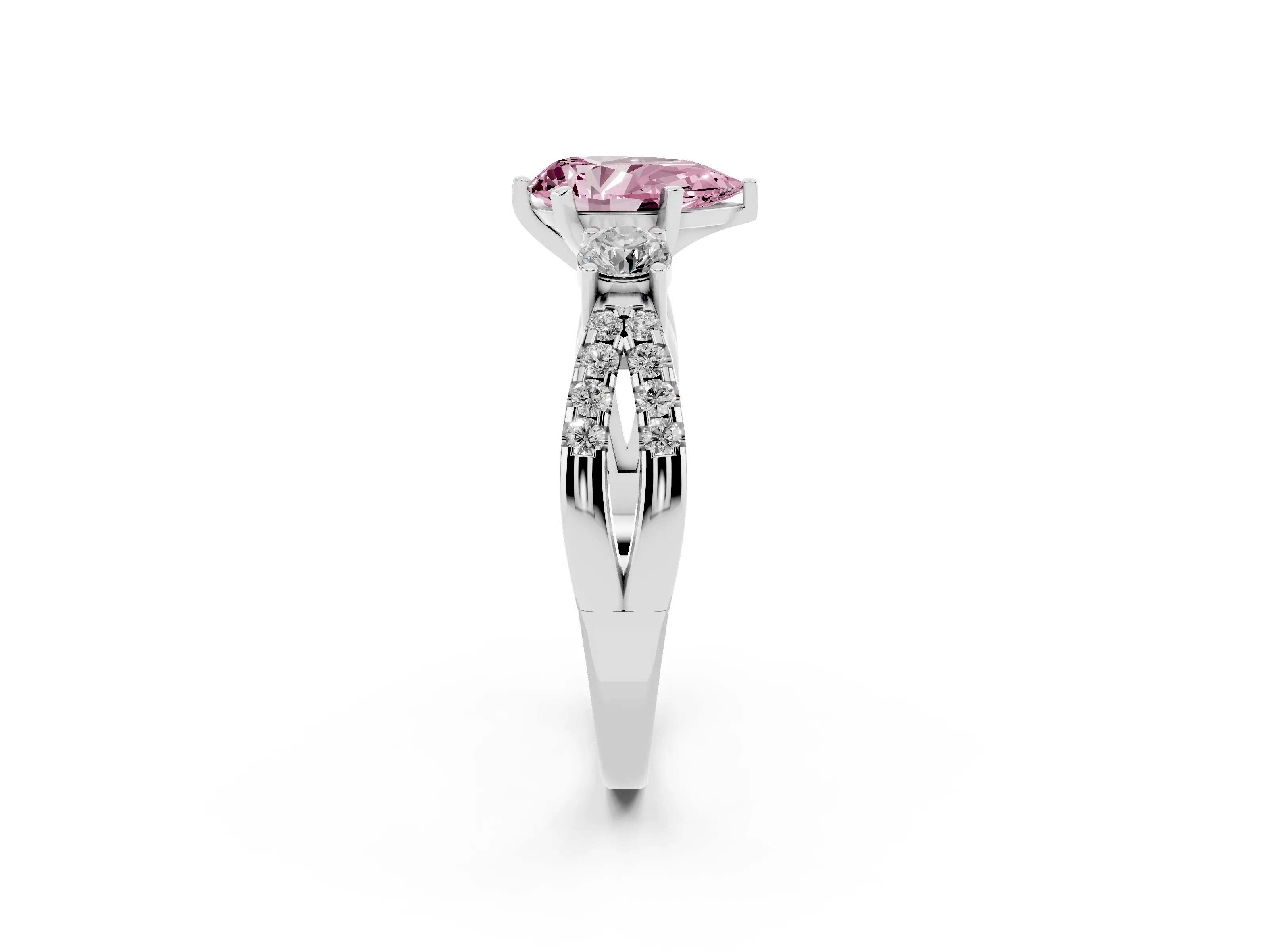 Fancy Pink Pear Cut Diamond Three-Stone Ring Set in White gold with Pavé Split Shank and Prong Setting