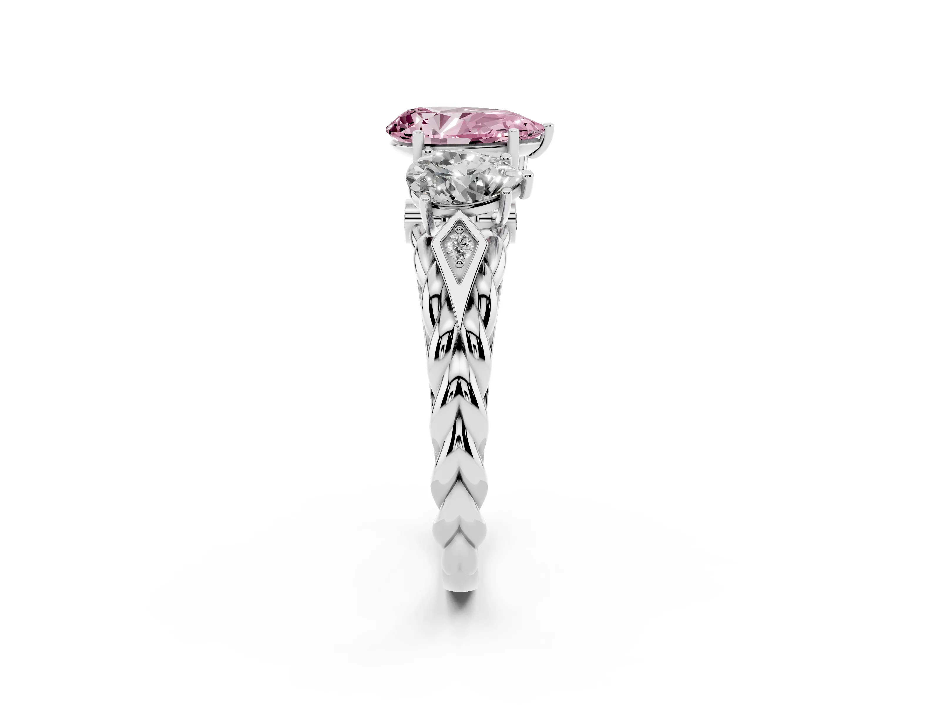 Fancy Pink Pear Cut Diamond Three-Stone Ring Set in Silver with Braided Band