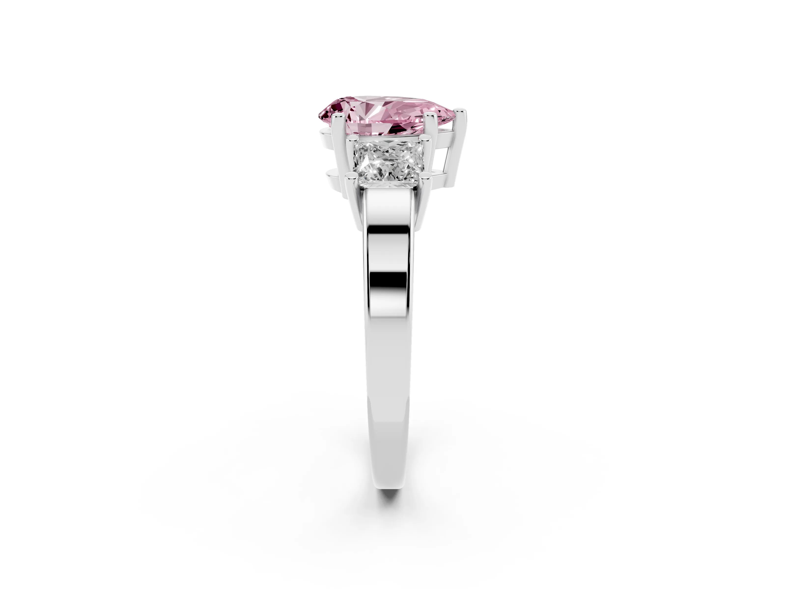 Fancy Pink Three-Stone Pear Cut Diamond Solitaire Ring Set in Platinum with Prong Setting