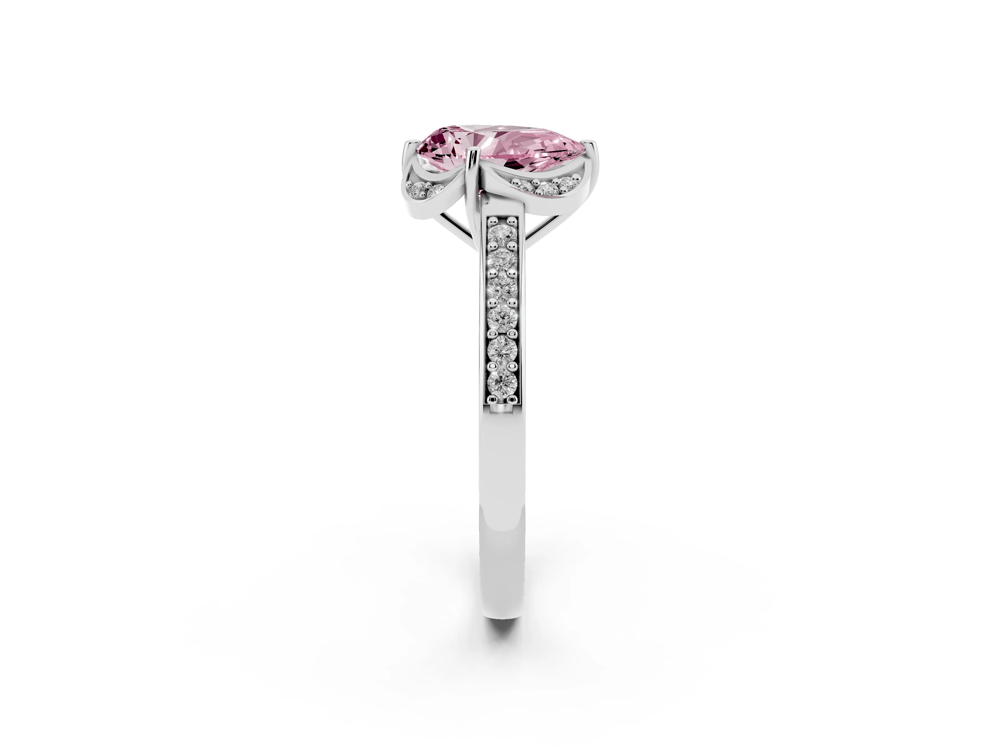 Fancy Pink Pear Cut Diamond Halo Ring Set in Silver with Channel Set Band and Prong Setting