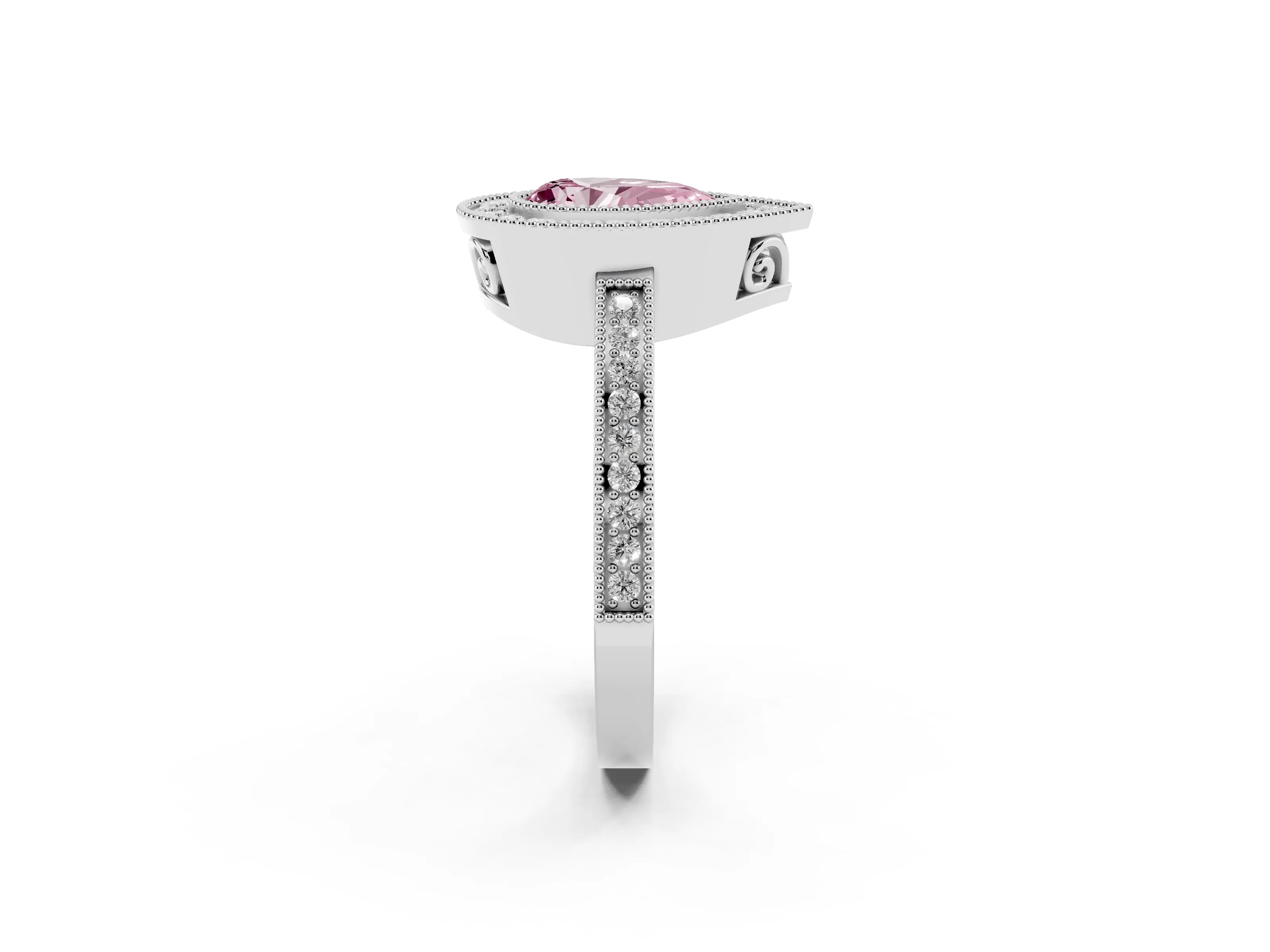 Fancy Pink Pear Cut Diamond Halo Ring Set in Platinum with Pavé Band and Milgrain-Edged Prongs