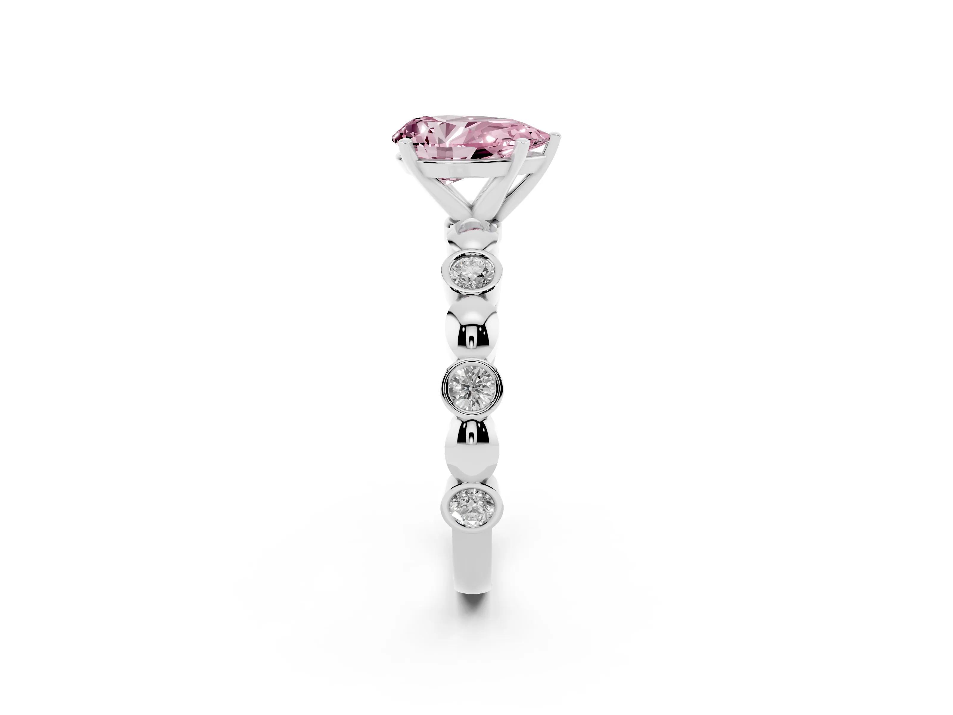 Fancy Pink Pear Cut Diamond Solitaire Ring Set in Silver with Bezel-Set Accents on Beaded Band and Prong Setting