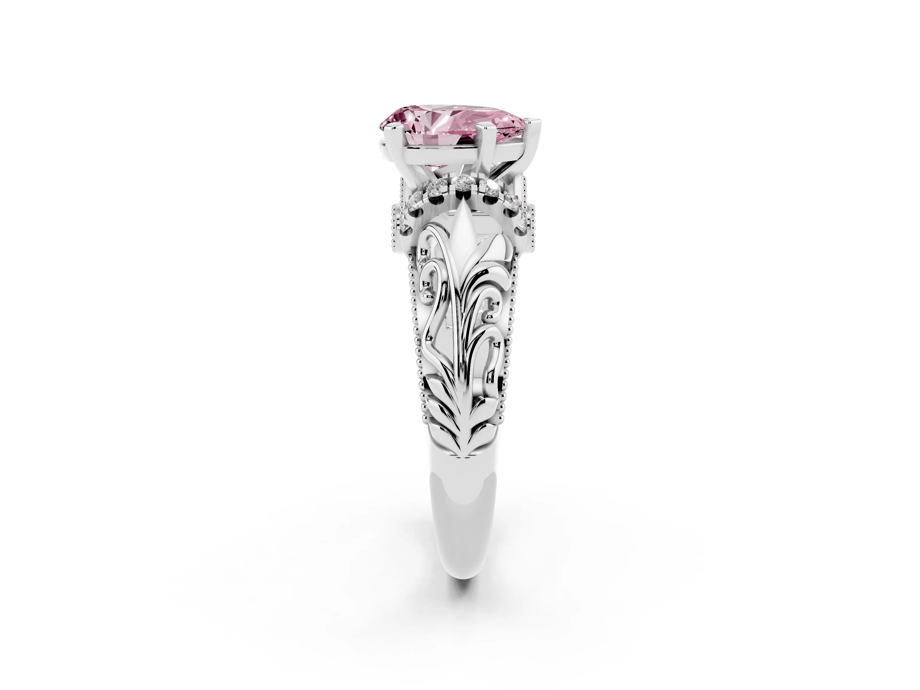 Fancy Pink Pear Cut Diamond Filigree Halo Engagement Ring Set in Silver with Prong Setting